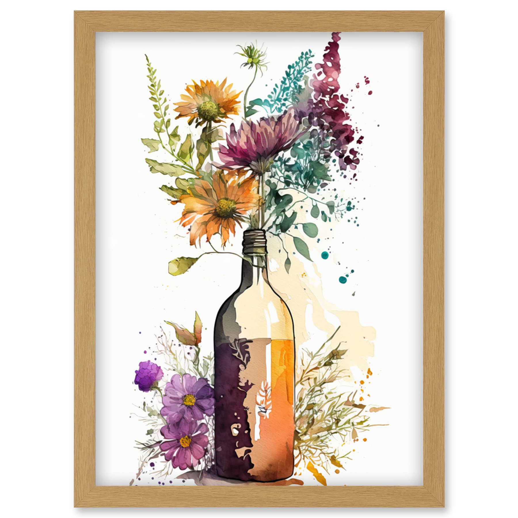 Artery8 Spring Wildflower Bouquet in a Glass Wine Bottle Artwork Framed Wall Art Print A4