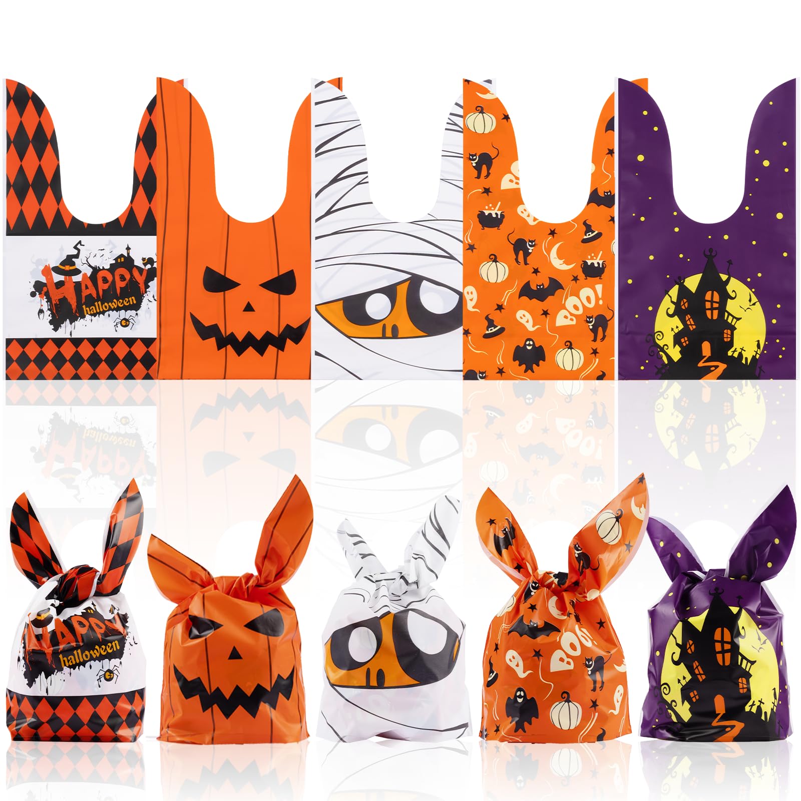 100Pcs Halloween Sweet Bags | 5 Patterns Halloween Treat Cellophane Bags for Trick or Treating Party Favors Supplies