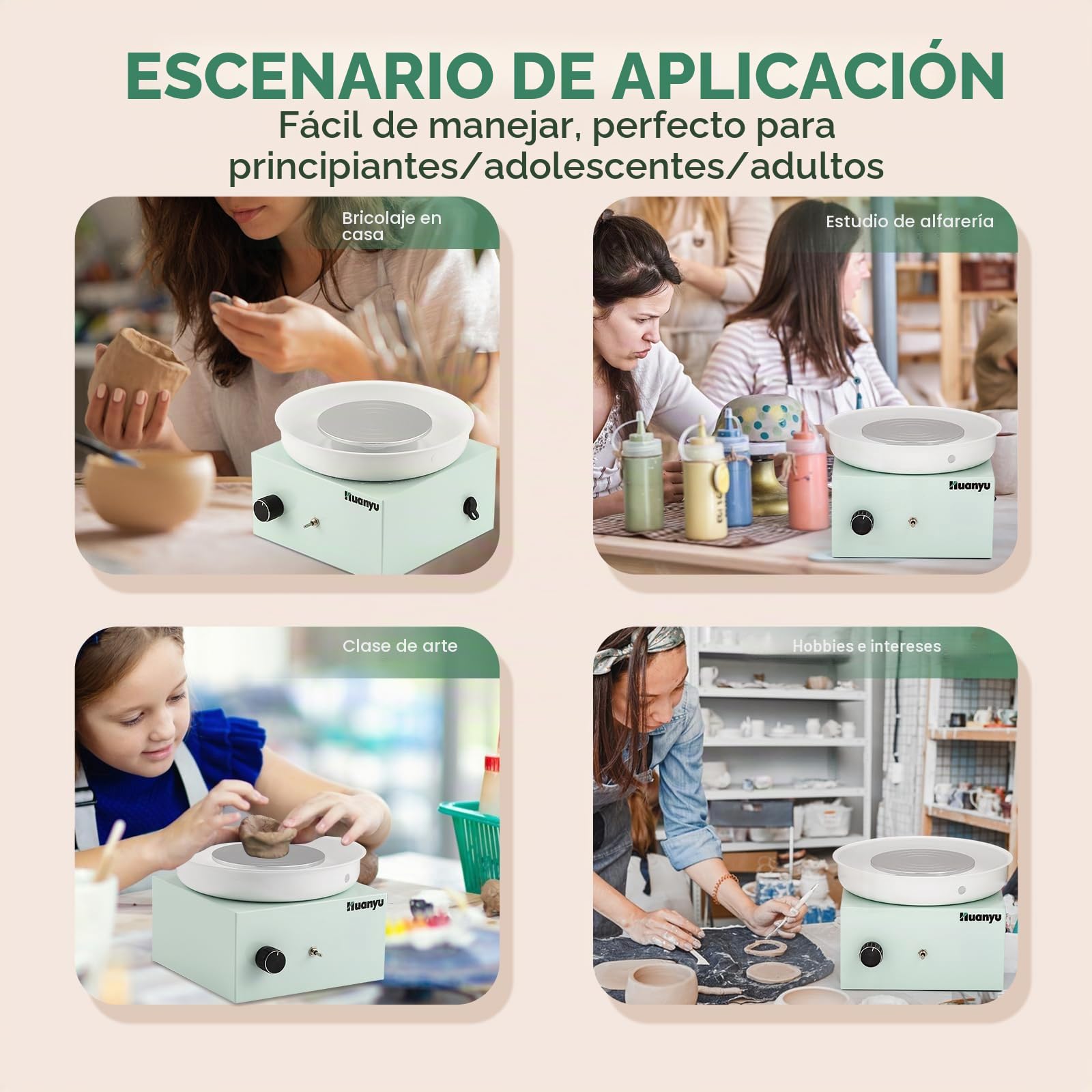 Huanyu Volante de Alfarería 10cm Mini Volante de Alfarería Eléctrico 0-2000RPM Velocidad Ajustable Volante de Alfarería Cerámica con 27pcs Kit de Herramientas de Alfarería (Verde)