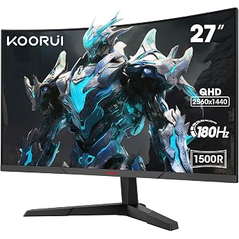 KOORUI 27 Inch Gaming Monitor Curved 180Hz PC Screen QHD 1ms HDMI/DP | Adaptive Sync, DCI-P3 90%, HDR10, VESA 100 x 100 mm, 1