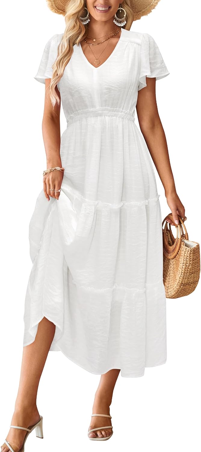 VOTEPRETTY Women's 2025 Summer Boho Maxi Dresses Flutter Short Sleeve V Neck Casual Beach Wedding Guest Vacation Long Dress