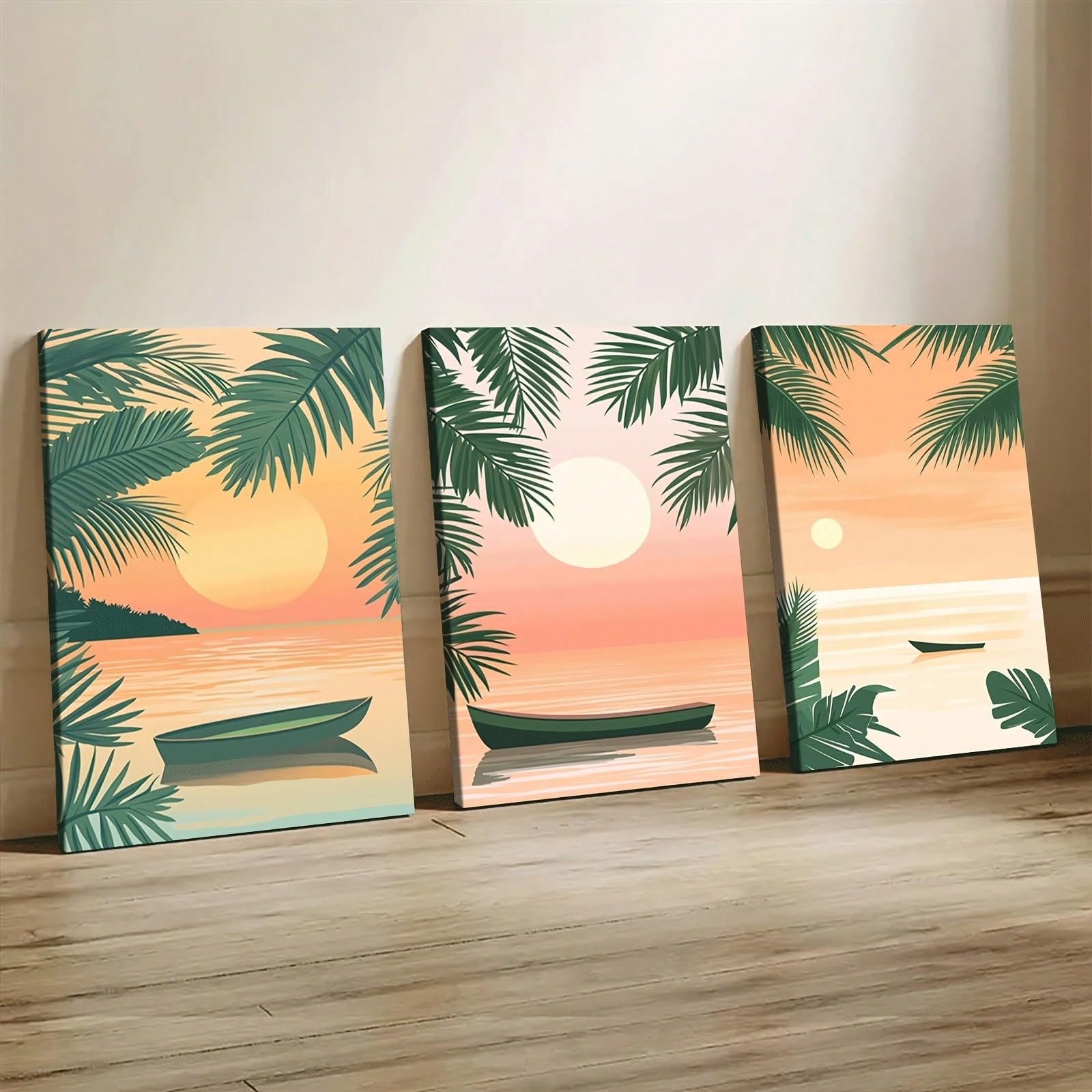 ZBELLO Set of 3 Tropical Beach Canvas Wall Art, Sunset Palm Tree Sea Boat Wall Prints, Coastal Ocean Wall Pictures for Living Room Bedroom Decor, Unframed (40x50cm)