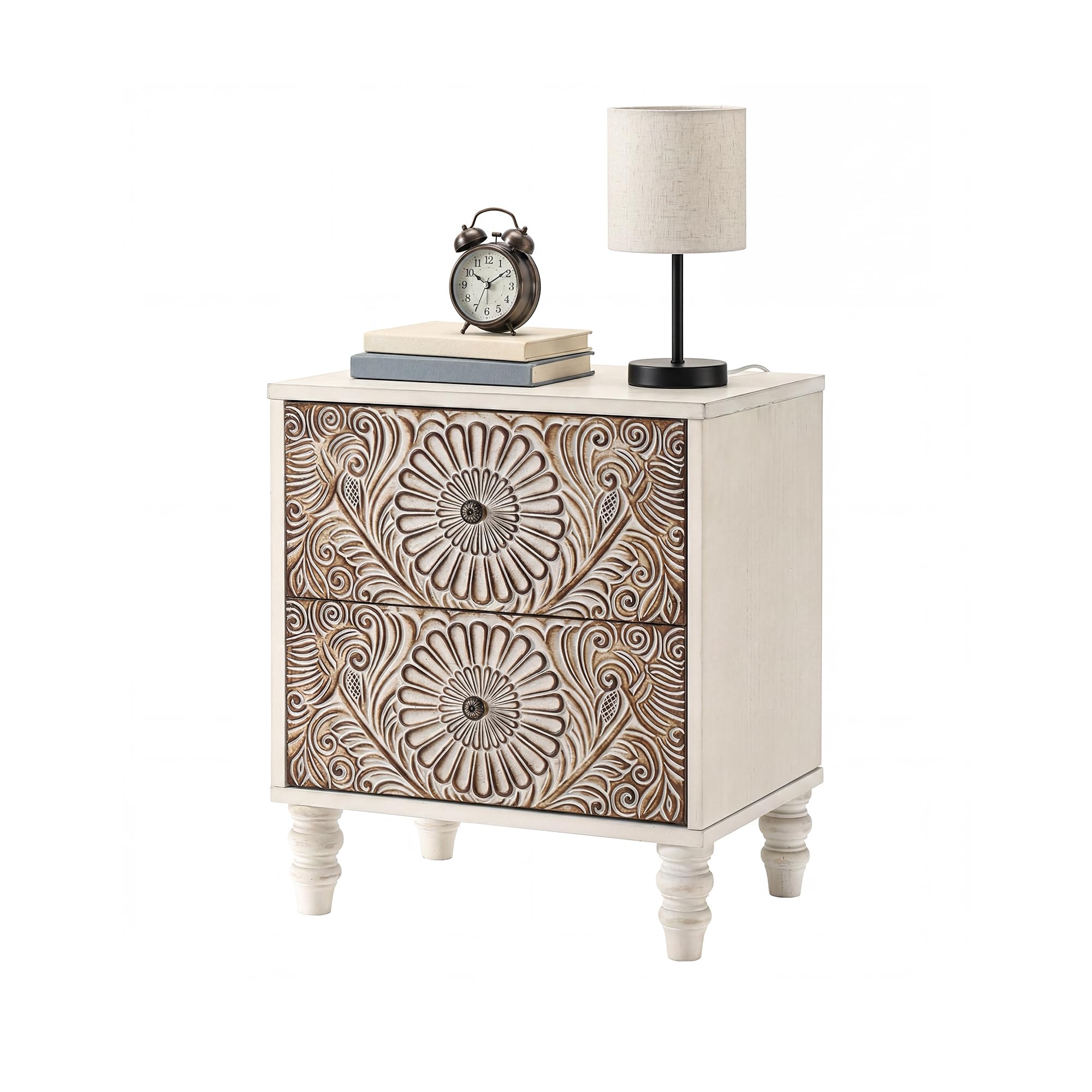 HOMPUS 2-Drawer Farmhouse Nightstand, Easy to Assembled Boho Night Stand, Vintage Accent End Table Bedside Table, Small Nightstand Organizer for Bedroom, Laundry, Distress White
