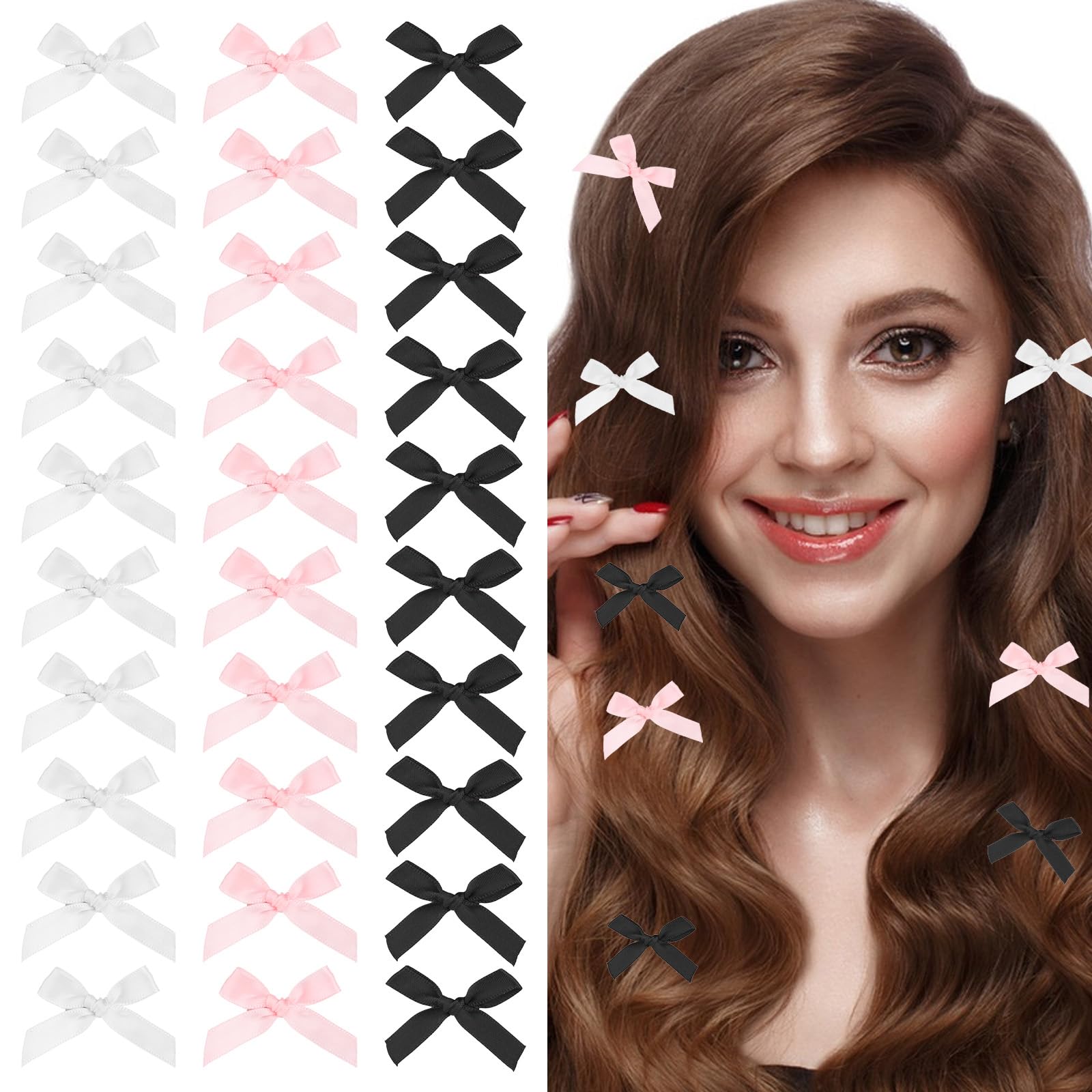 30PCS Bow Hair Clips, 3 Colors Satin Mini Bowknot Hair Bows, Mini Hair Bows Gingham Craft Bow Hair Clips, Kawaii Claw Clips Hair Barrettes Accessories for Women Girls