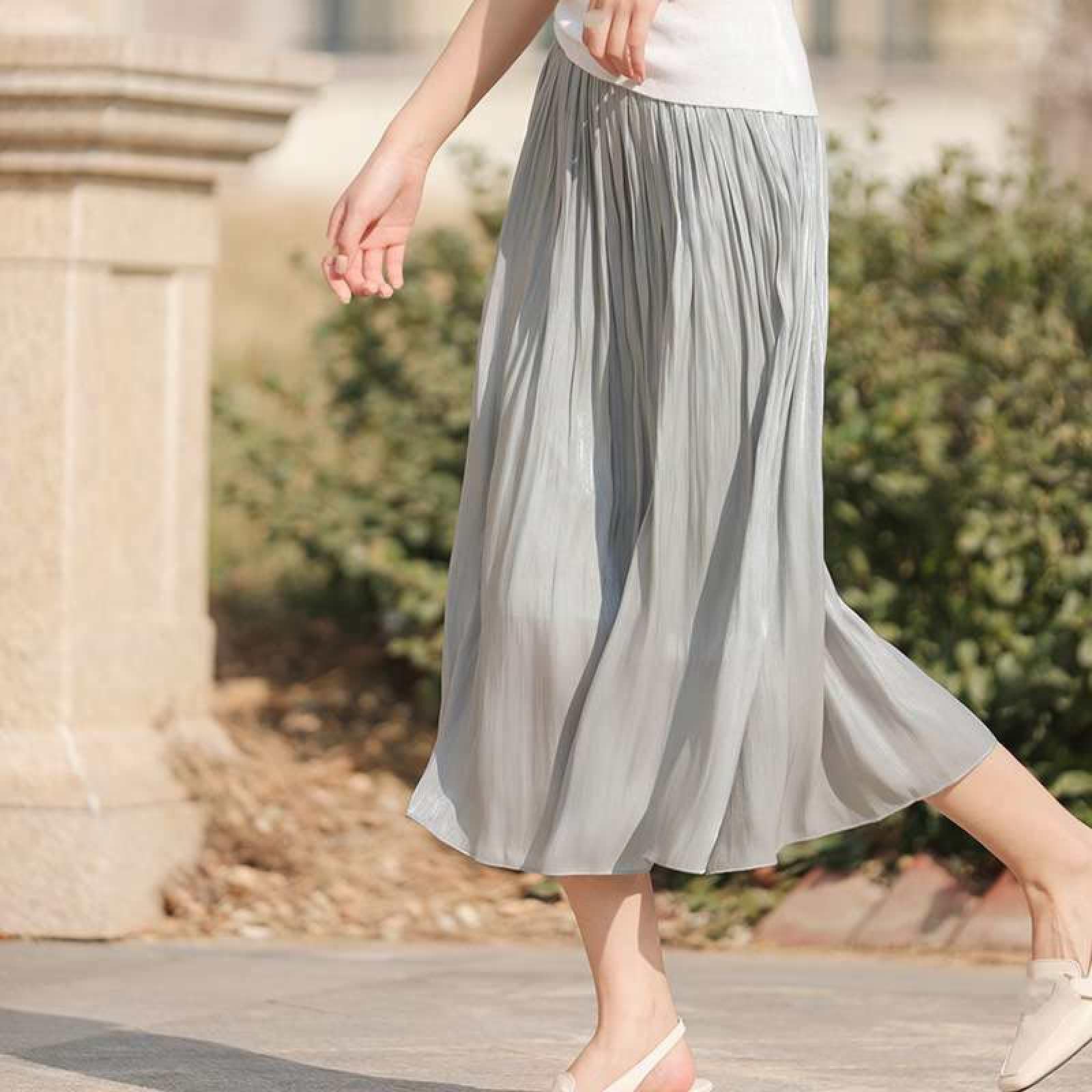 Jupe Taille Haute en Satin De Soie pour Femme - Jupe Trapèze en Maille De Couleur Unie pour L'Été Jupe Mi-Longue Polyvalente Jupe Parapluie Élancée, Jupe Drapée Douce Et Soyeuse À La