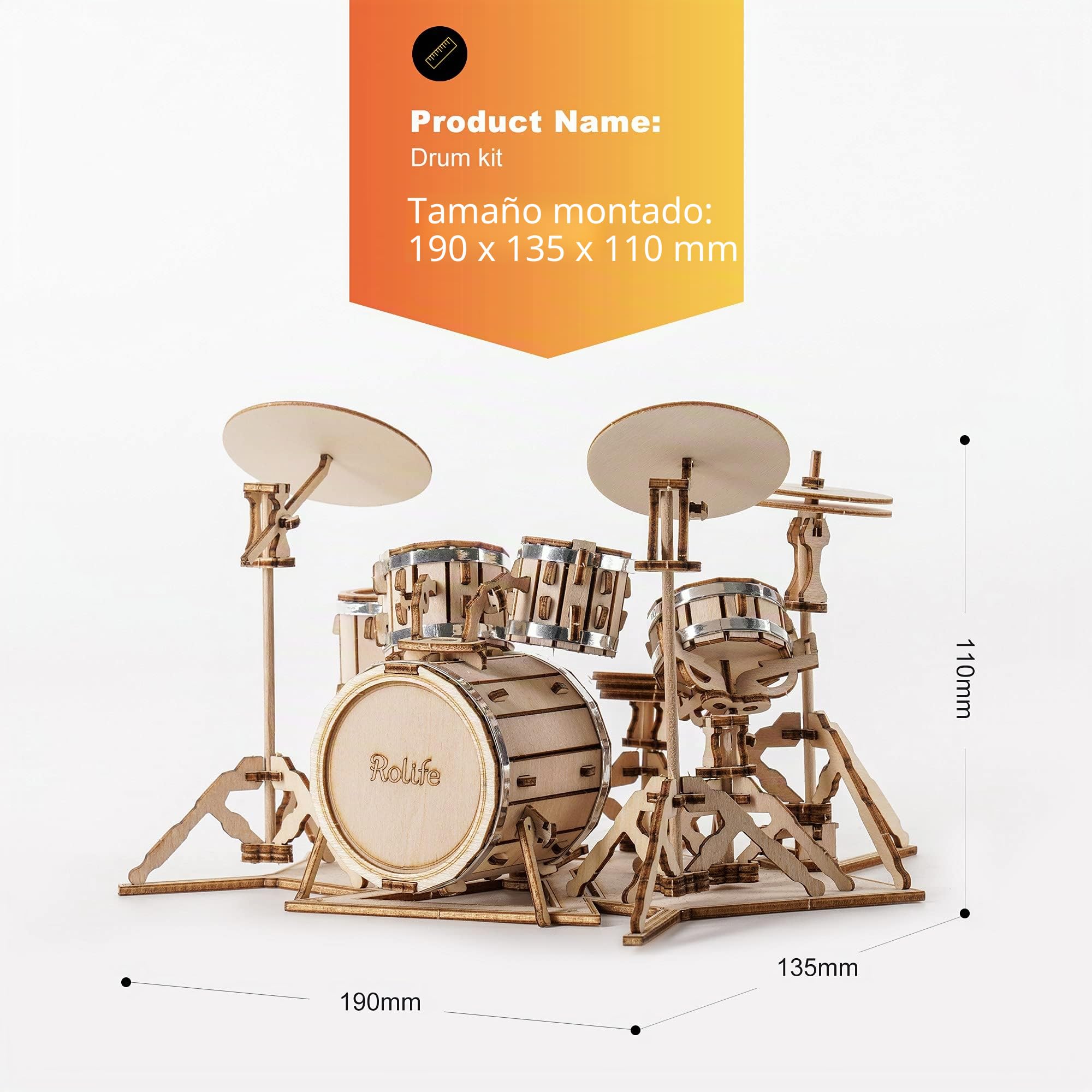 Rolife Puzzle 3D Madera Antiguo Maquetas para Montar para Construir Adultos Instrumento Musical Kit de batería (Drum Kit)