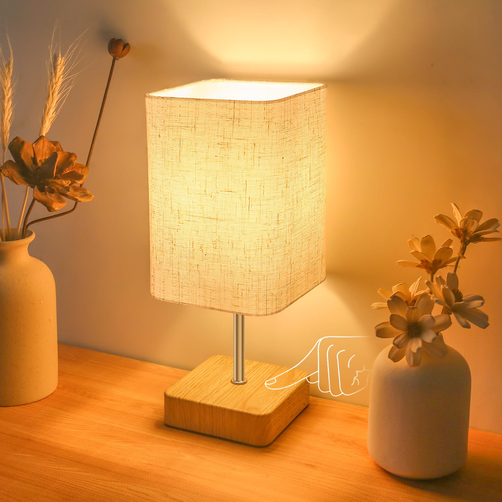 Jayencer Nachttischlampe Touch Dimmbar, Tischlampe Touchdimmer Glühbirne Drei Helligkeitsstufen, Lampenschirm aus Leinenstoff, Tischleuchte für Schlafzimmer Wohnzimmer, Büros (1)