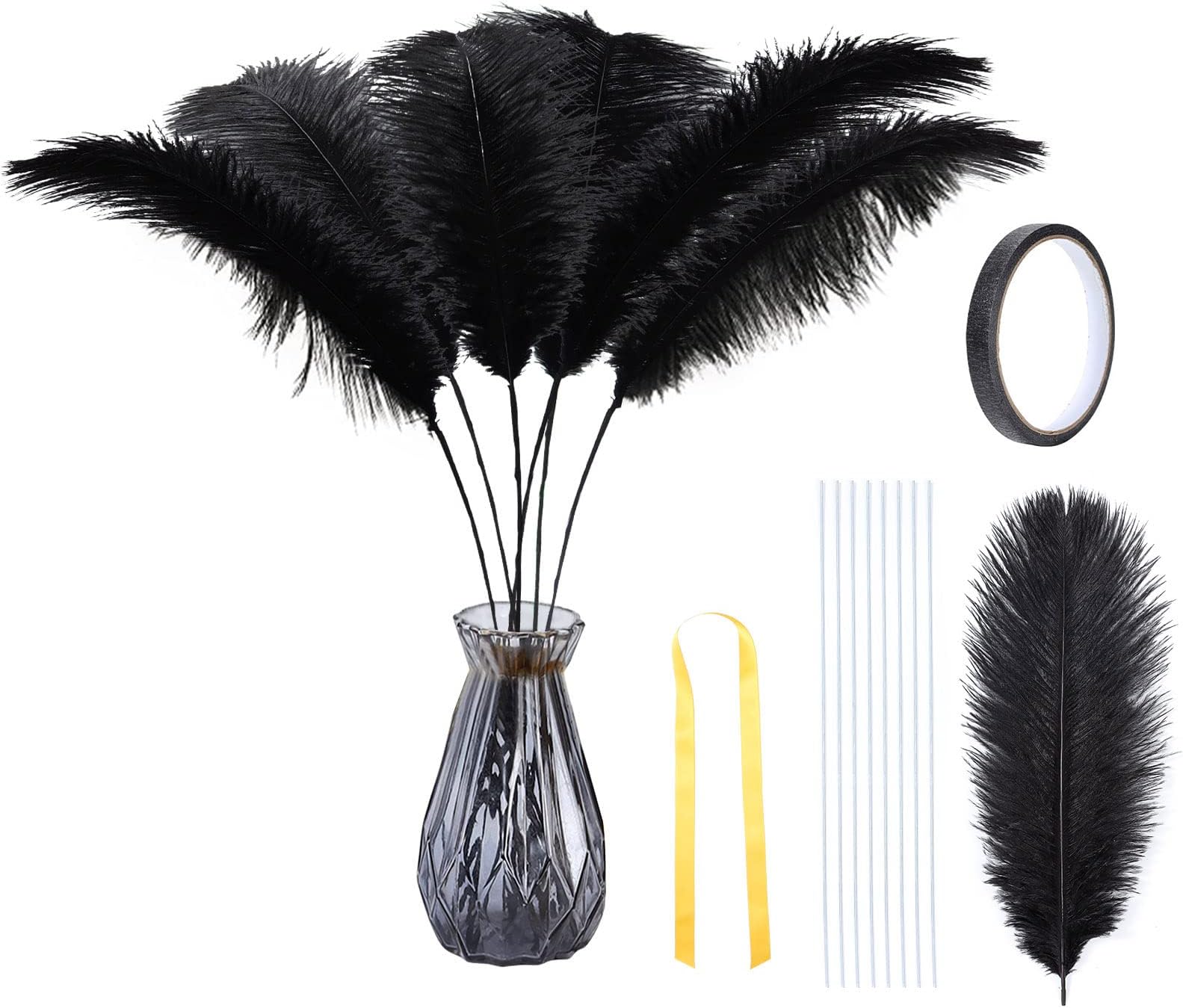 DGYJJZ 20pcs Black Ostrich Feathers Bulk - Making Kit 10-12 Inch Natural Ostrich Feathers for Vase, Wedding Party Centerpieces, Floral Arrangement and Home Decoration