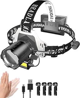 LED headlamp with motion sensor COB light type-c USB Rechargeable 120000 Lumens Super Bright 8 Modes LED Headlight With Red Warning Light ,6600mAh battery Waterproof Adjustable Head Lamp for Camping Running Fishing Outdoor