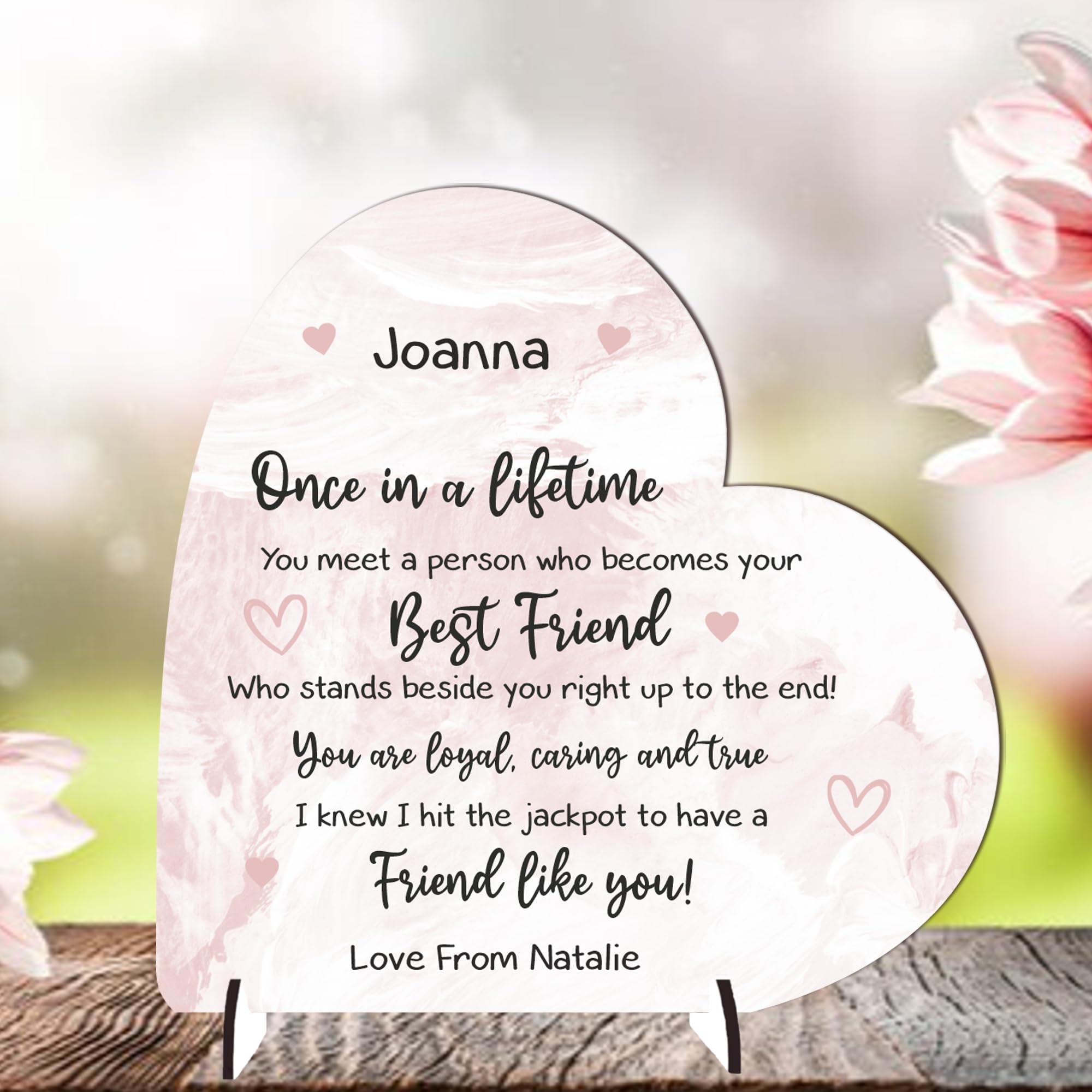 Friendship Personalised Heart Freestanding Plaque for Best Friends, Birthdays, Gift for Friends, Besties, Sentimental Quote Keepsake Sign (Pink, MDF Wood - Medium - 135mm x 130mm)