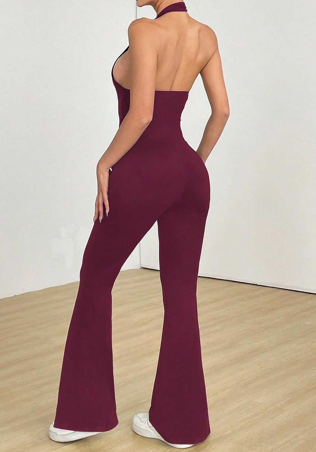 GFU Women's Sexy Halter Neck One Piece Jumpsuits Sleeveless Backless Deep V-Neck Bodycon Flare Pants Rompers Date Night