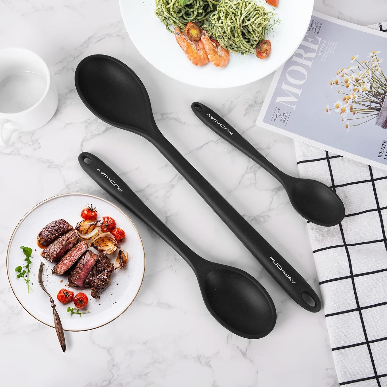 3 Pcs Silicone Spoons Set of 7.9 10.6 14.2 inch for Cooking, Heat Resistant Kitchen Spoons for Mixing, Stirring, and Serving, Small to Large Non Stick (Black)