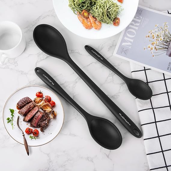3 Pcs Silicone Spoons Set of 7.9 10.6 14.2 inch for Cooking, Heat Resistant Kitchen Spoons for Mixing, Stirring, and Serving, Small to Large Non Stick (Black)