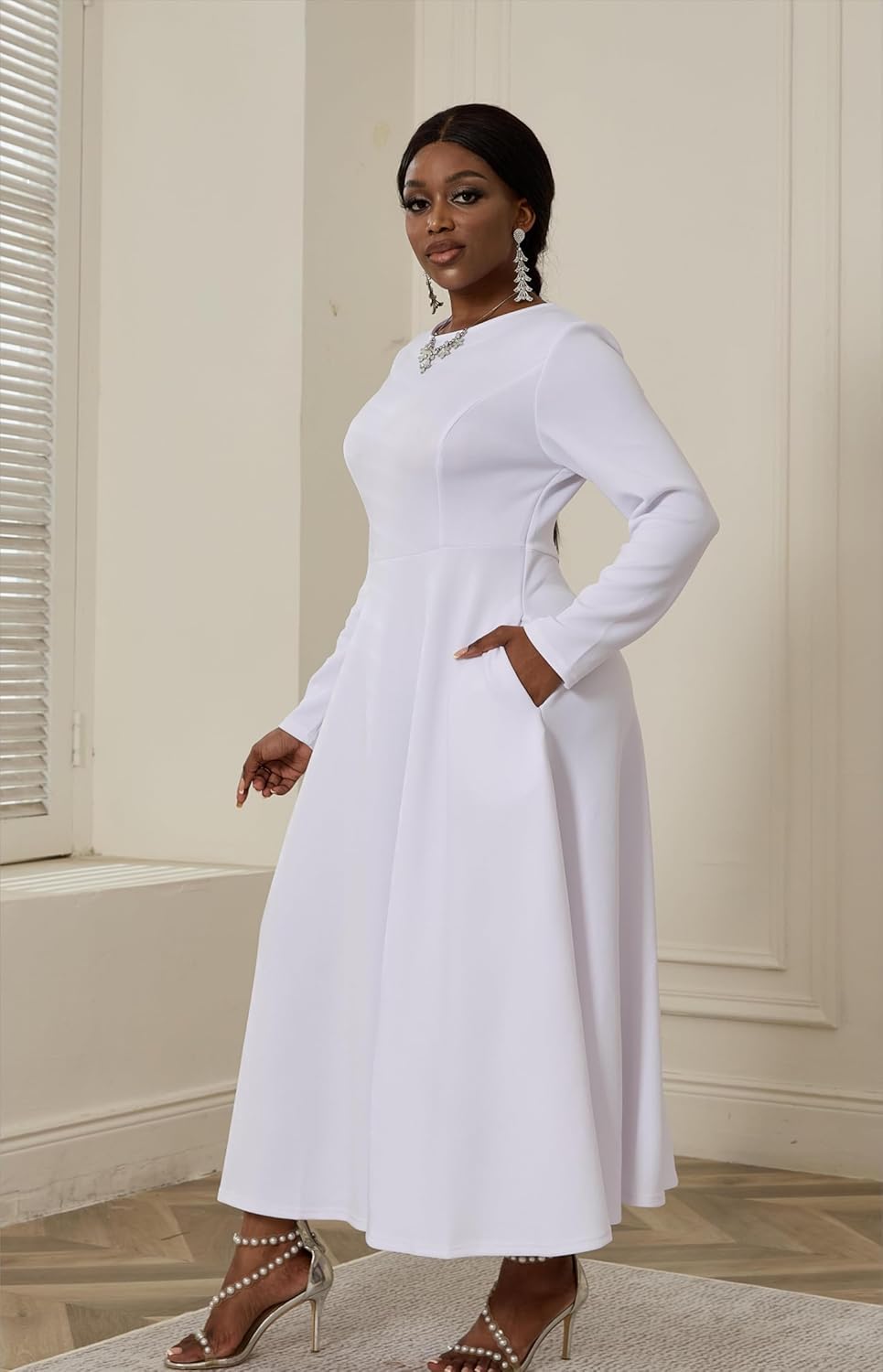 LAJIOJIO Women's Vintage Cocktail Dresses,Elegant Round Neck Long Sleeve Church Evening Dress with Pockets - Image 2