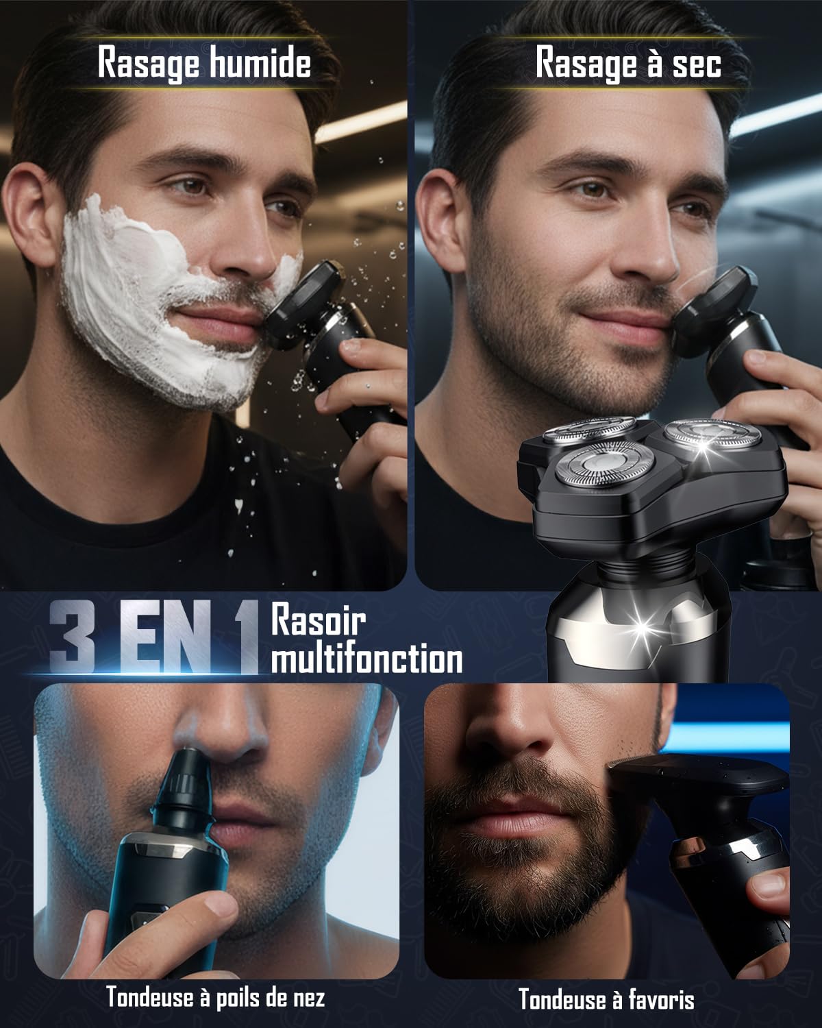 Rasoir Électrique Homme 4D Magnétique à 3 Têtes Flottante,Tondeuse Barbe Étanche IPX6 Humide/Sec avec Écran LCD, 90 Min d'Autonomie, USB-C à Charge Rapide, Rasoir Portable pour Voyage et Maison