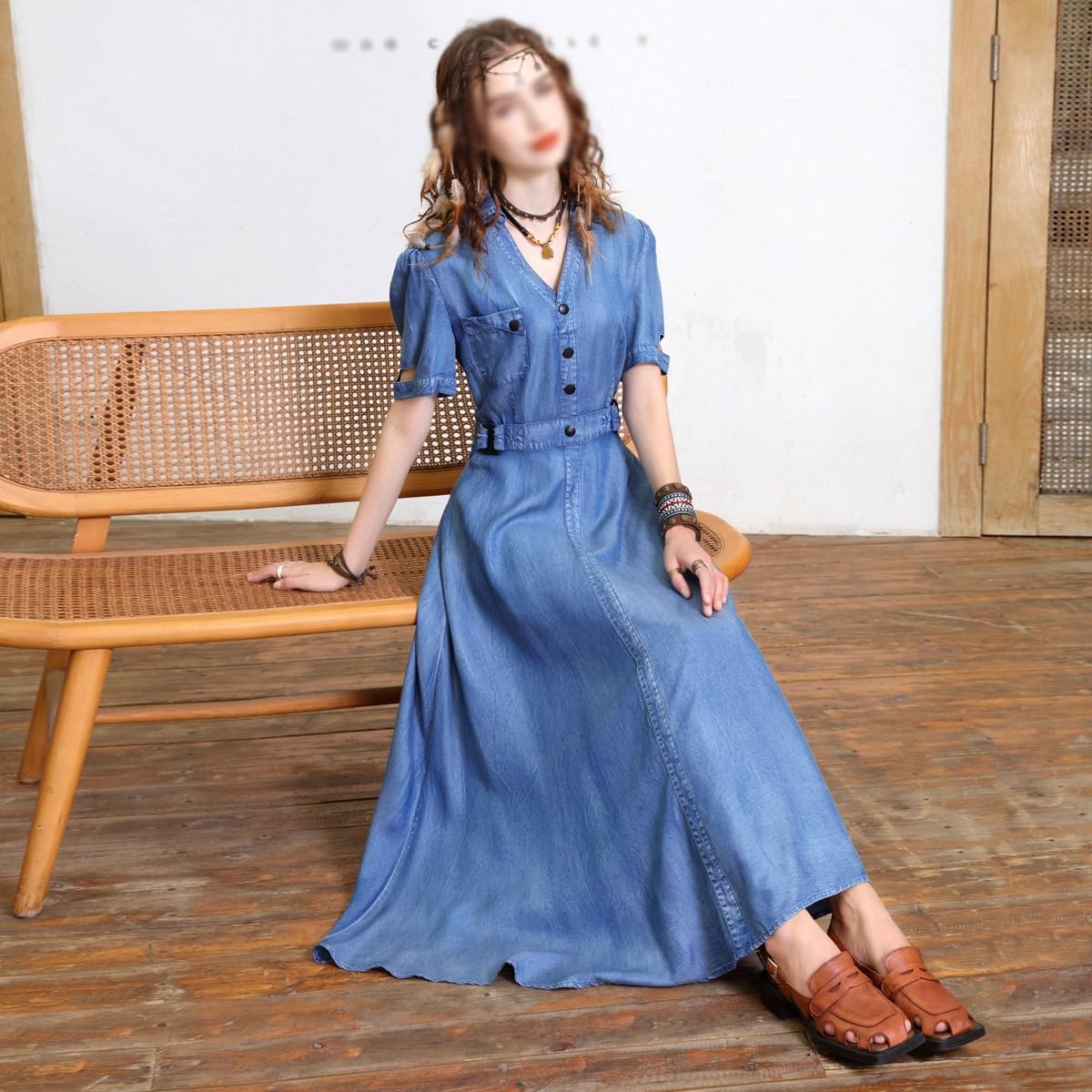 JSEIAJB French V-Neck Dress with Retro Waist and Slim Denim Long Skirt