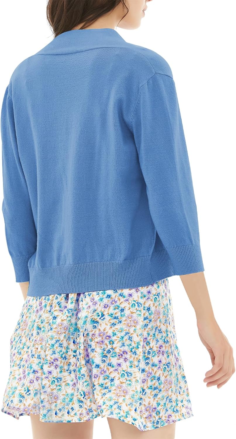 QUALFORT 3/4 Sleeve Sweater for Women Cropped Cardigan Dressy Lightweight Open Front Knit Bolero Shrugs - Image 2