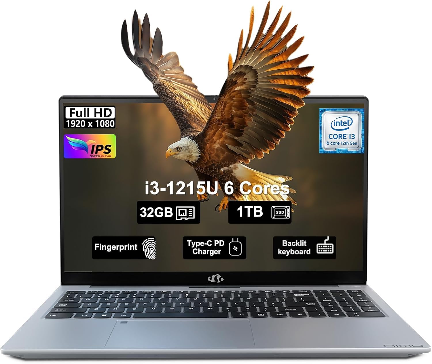 NIMO 15.6" IPS FHD-Business-Laptop, Intel 6 Core i3-1215U 32GB RAM 1TB SSD (Beat i5-1135G7, Up to 4.4GHz) Computer with Backlit Keyboard Fingerprint 65W Type C Wi-Fi 6 Numpad Win 11