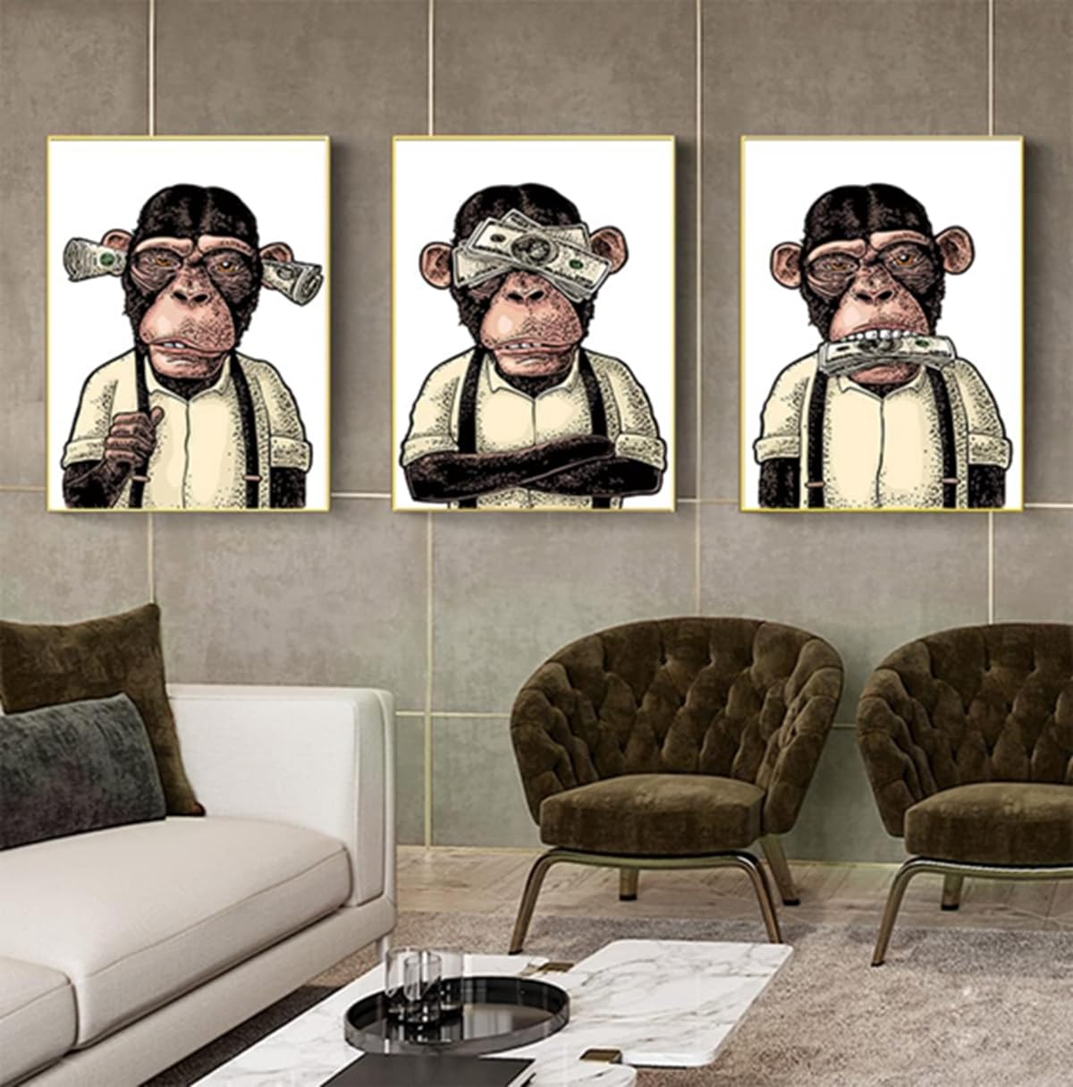 Highland Cow Bathroom Poster Set of 3 Poster Money, Orangutans and Monkeys, Black and White Wall Art, No Frame (Poster-04