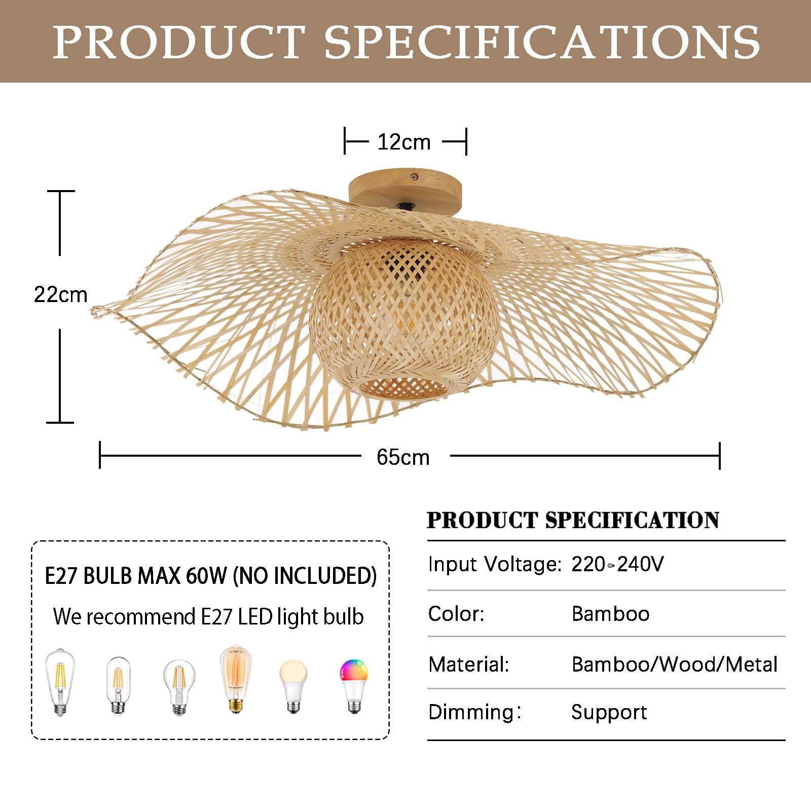 Lampadario Camera Da Letto In Bamboo e legno,65Cm Boho Lampadario Soggiorno Tessuto A Mano E27 Lampadari Cucina Per Salotto Sala Da Pranzo Ristorante