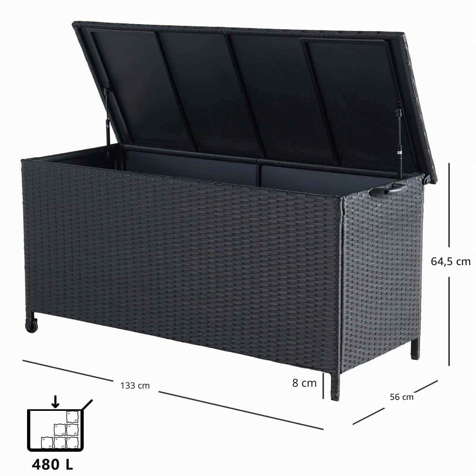 Grand patio Arcón de ordenación 480 L, Caja de almacenamiento de Jardín para Exteriores, Mover Fácilmente, Resina Caja de Almacenaje con Ruedas Tapa (Negro)