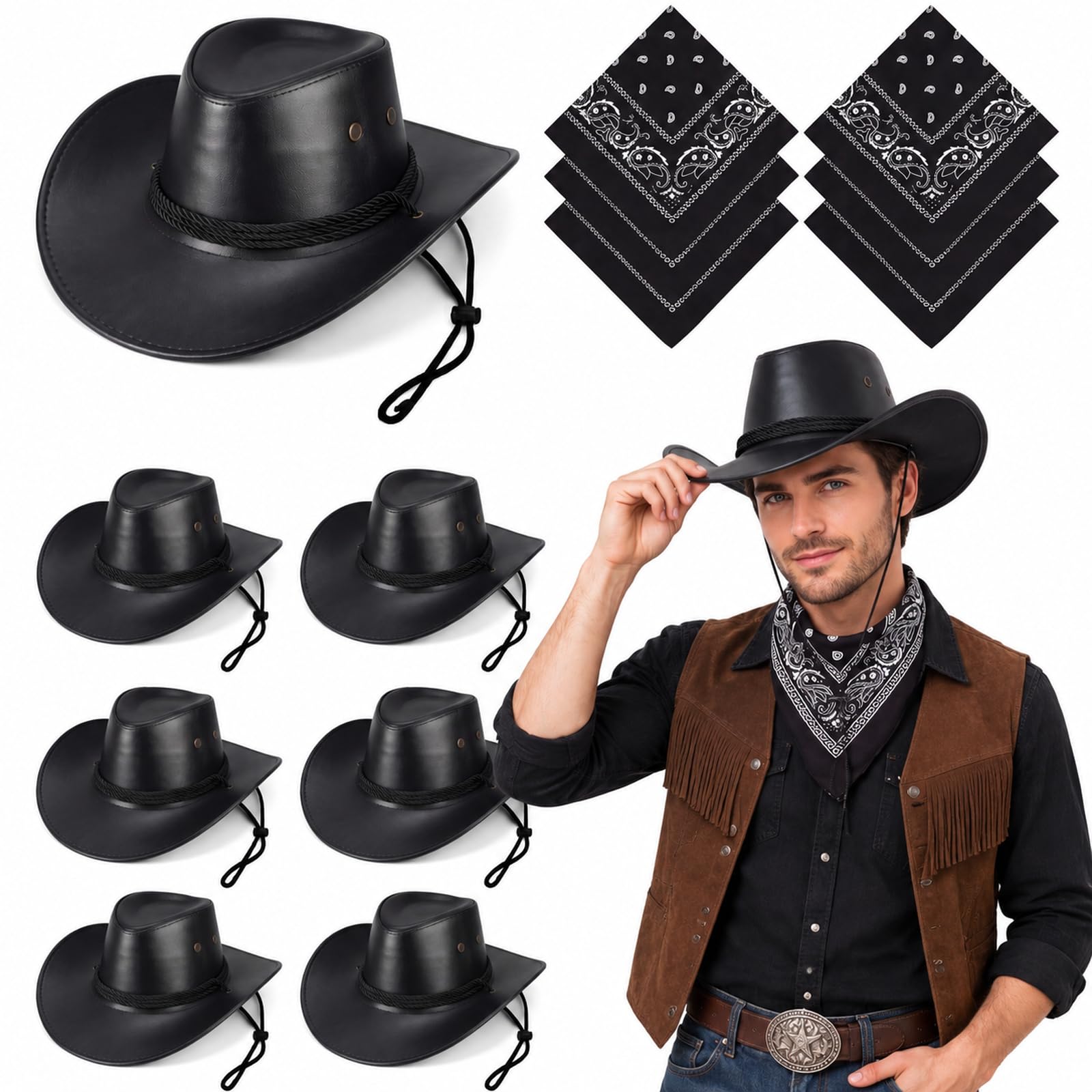 Zhanmai 12 Pcs Cowboy Hat and Bandana Cowboy Cowgirl Hats Bulk Western Party Costume Halloween Accessory