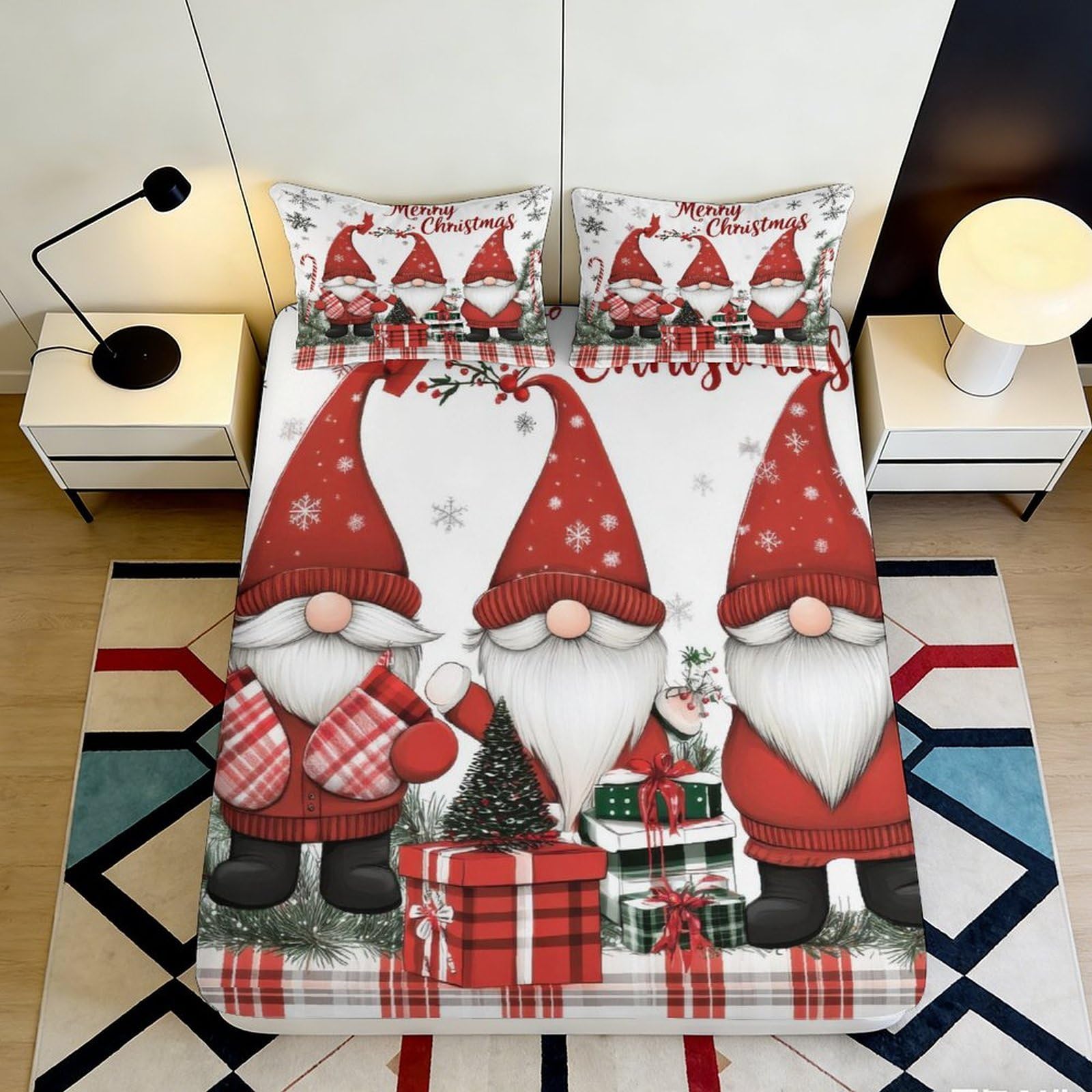 Pnayamiorkfel Style-6 3D Printed Christmas Gnome Fitted Sheet Microfiber Red Plaid Bed Cover For Bedroom Guest Room Mattress Protection Decor 90X200x25cm