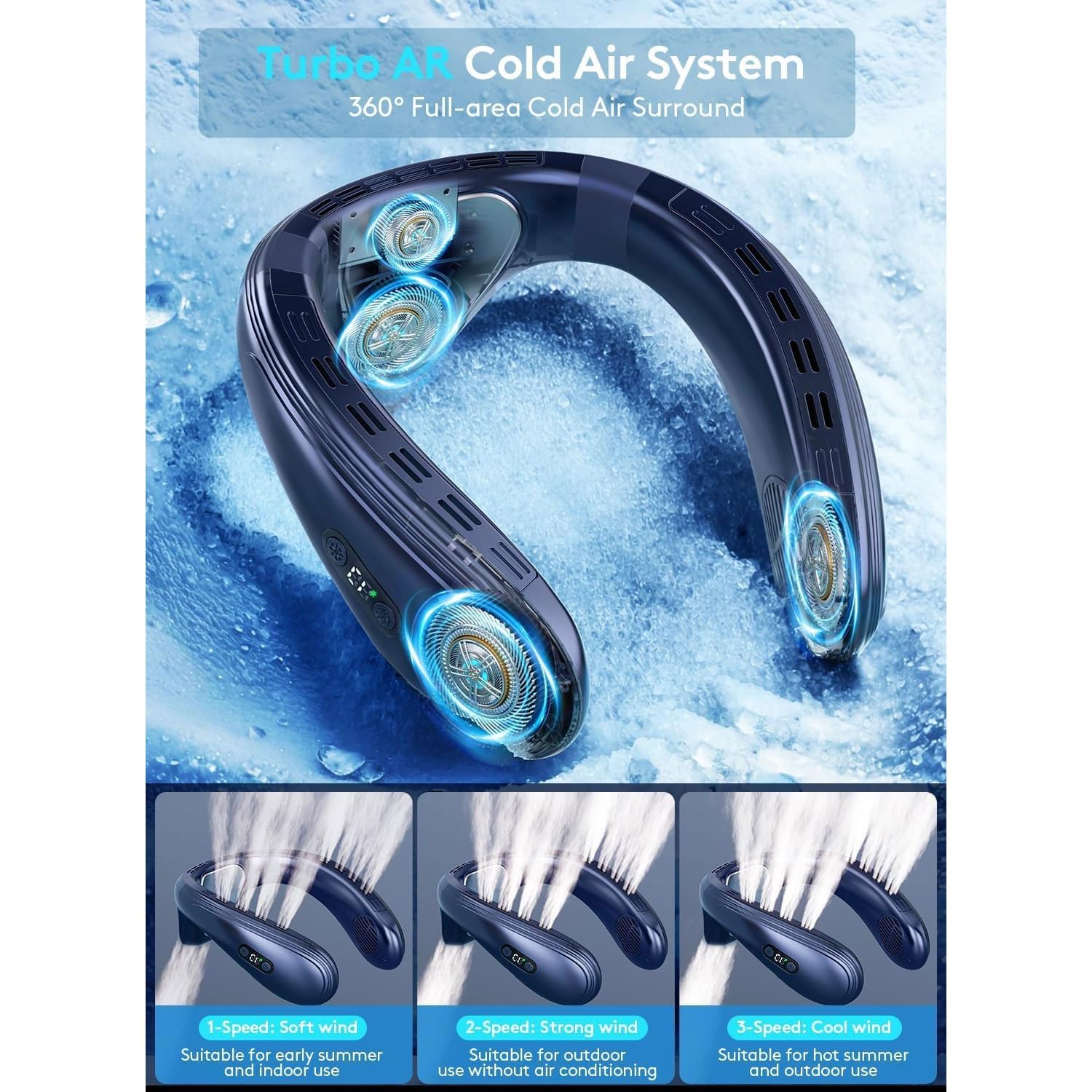 Ventilador de cuello portátil, aire acondicionado recargable con flujo de aire de 360° hacia arriba y hacia abajo y 3 velocidades, ideal para exteriores, oficina y viajes