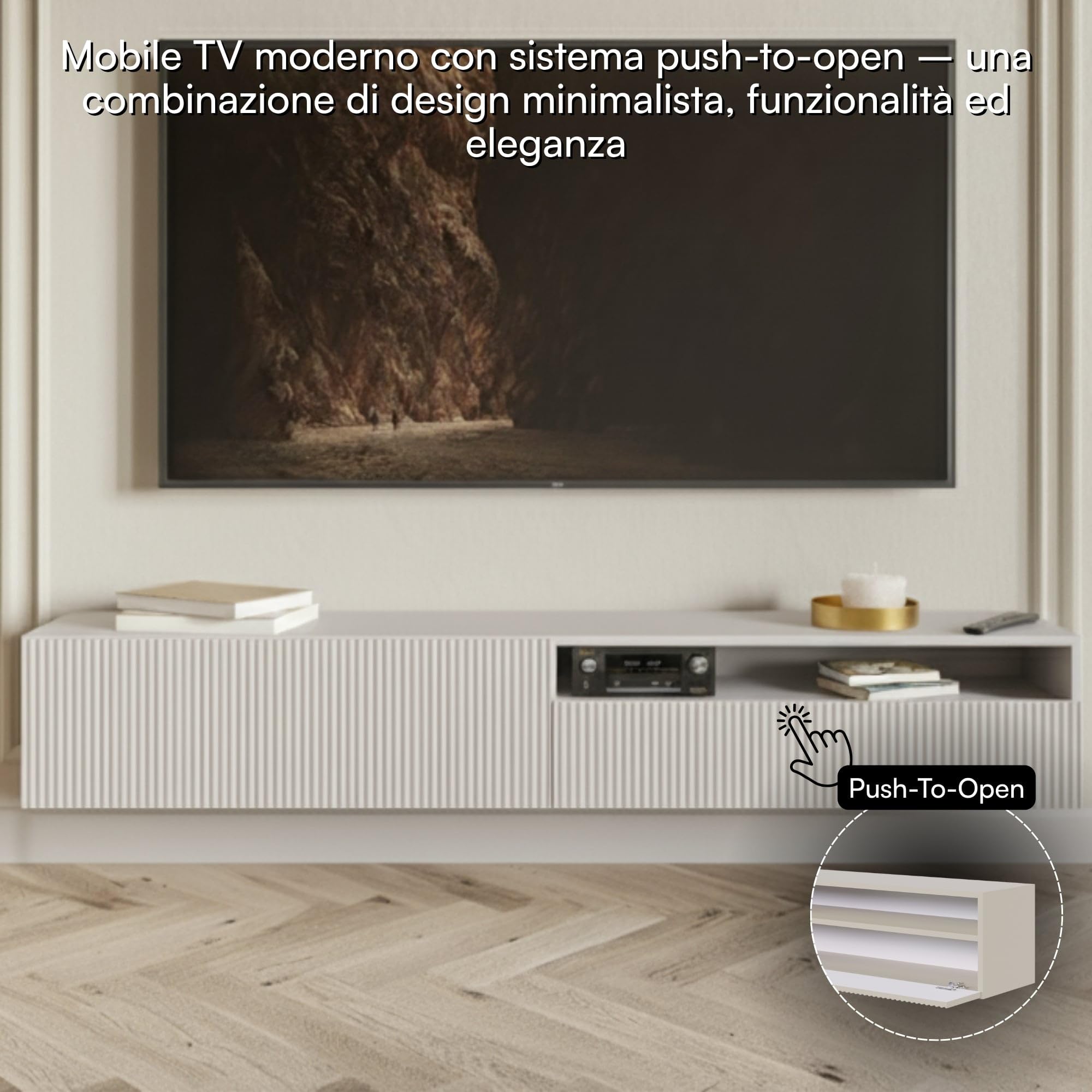 Selsey Mobile TV Mobile Porta TV 175 cm Sospeso Scomparto Aperto Facciata Fresata Grigio Beige Veldio