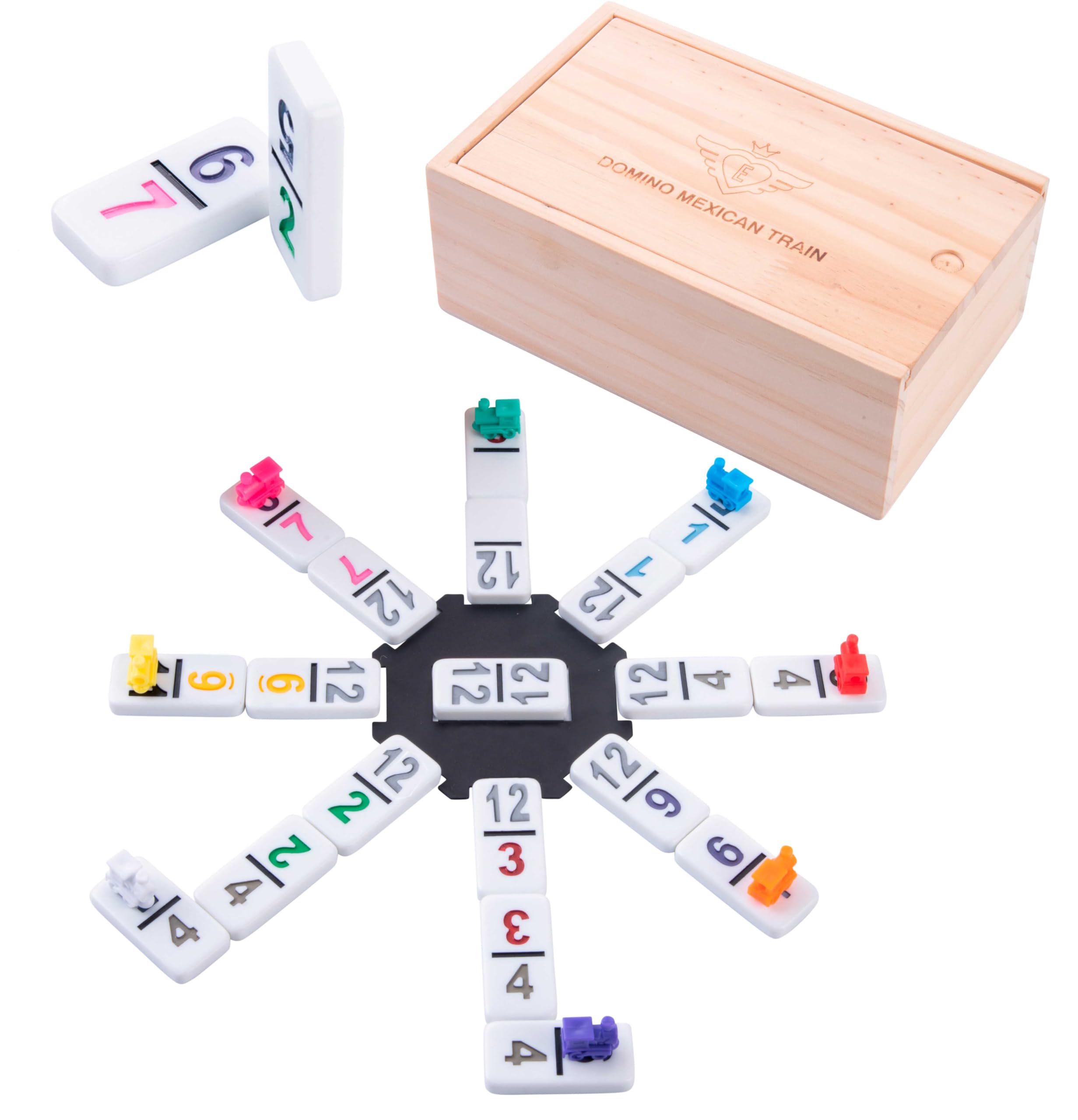 Engelhart - 250180 - Mexican Train Dominoes Set D12 - Numbers Version - Wooden Box - 91 Dominoes (7.5 mm) + 8 Colorful Trains - 2 to 8 Players