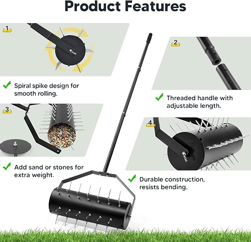 Ricyea Aeratore manuale per prato, ventilatore, rullo per prato, rullo per prato con 39 chiodi (6 cm) e manico, per cortili, prati in giardino (44 cm x 141 cm/93,5 cm) - 2