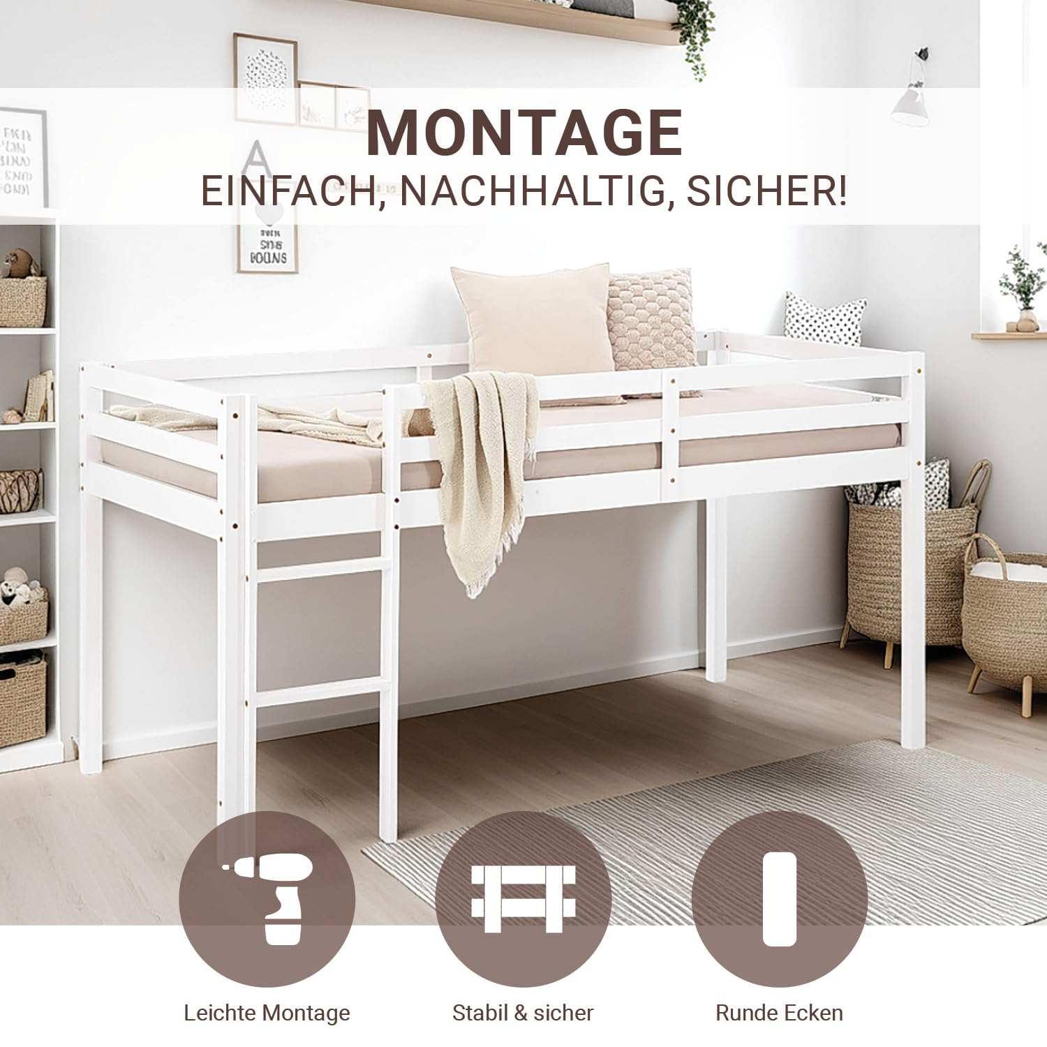 Homestyle4u Kinderhochbett 90x200 Weiß - Hochbett Massivholz Kiefer | Stabiles Jugendbett mit Leiter & Rausfallschutz, EN 747 geprüft, Platzsparendes Etagenbett für Jungen & Mädchen