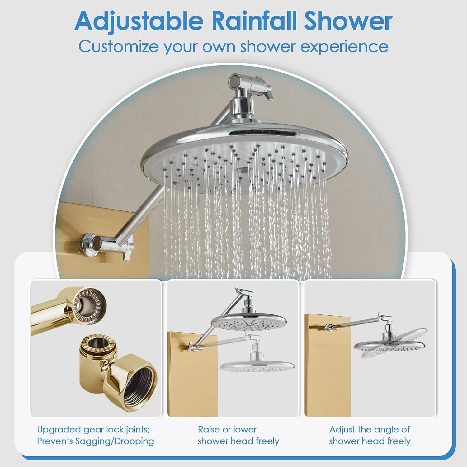 ROVOGO Gold Shower Panel Tower System, 4-Function (Rain Shower, Handheld Sprayer, Body Jets, Tub Spout) with Simultaneous Use Option, Stainless Steel Shower Column with Adjustable Head, 43.3"