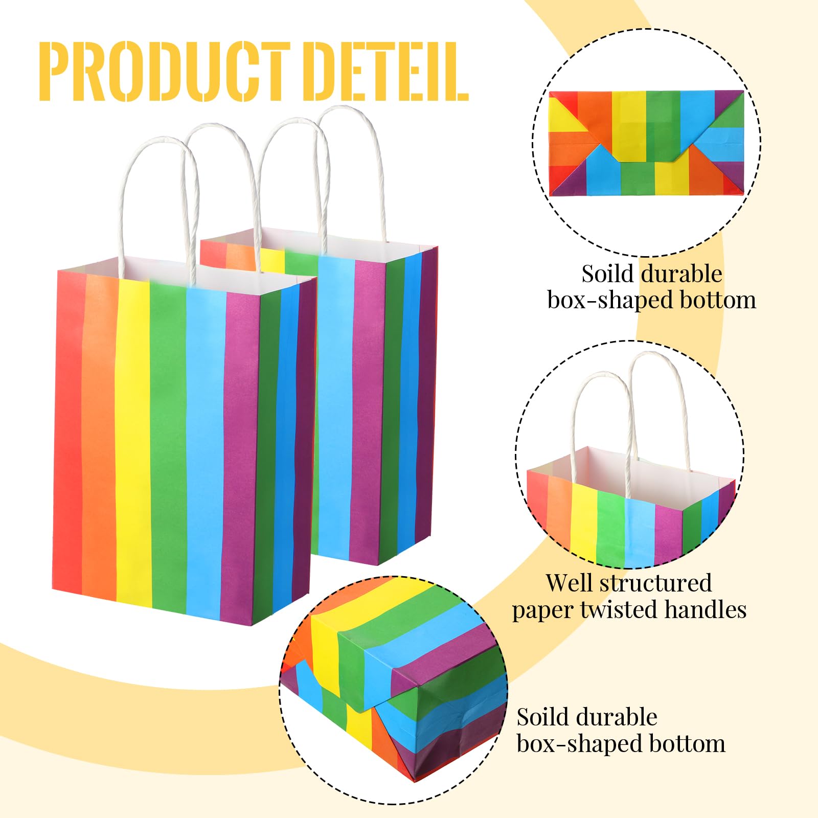 TaoBary 36 Pcs Rainbow Party Treat Bags Rainbow Gift Bags Colorful Stripes Kraft Paper with Handles and Colorful Tissue Paper for Gay Parade Festival Party Supplies