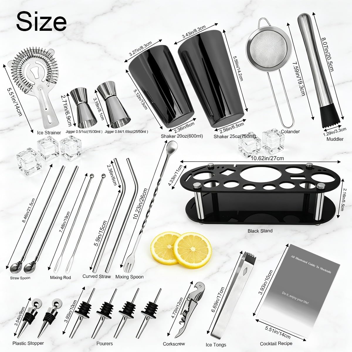 Juego de coctelera de 22 piezas, kit de camarero de 27/20 onzas, juegos de herramientas de bar de acero inoxidable para mezclar bebidas, coctelera Boston con soporte folleto de recetas (negro-27-20