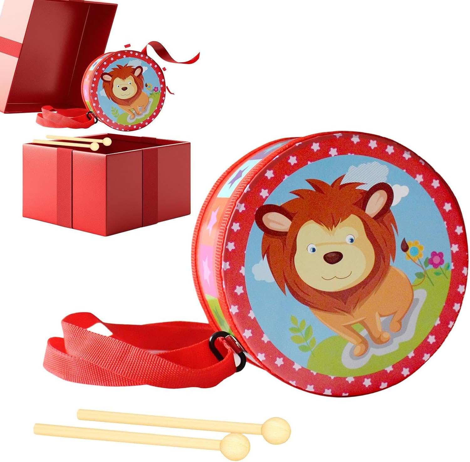 Drum for Kids - Wooden Educational Percussion Toy with Adjustable Carrying Strap & 2 Drumsticks, Music Instrument for Boys Girls 2-5 Years Birthday Home Nursery Playroom Gift
