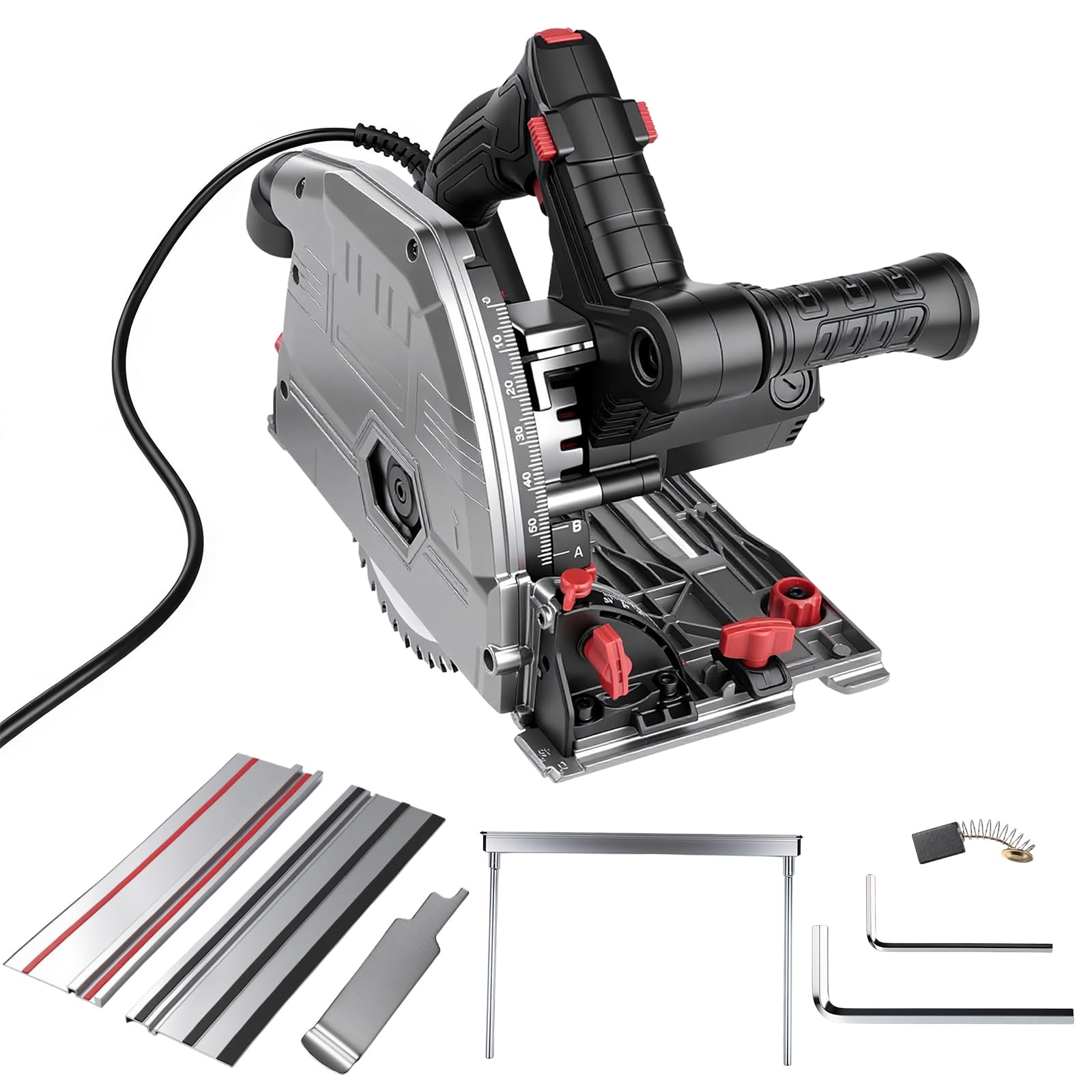 Sega ad immersione con guida da 2x700mm, sega circolare manuale da 1200W, profondità di taglio 57mm, inclinazione di taglio da 0 a 45°, Ø165mm 40 denti, per legno duro, compensato, laminato, altro