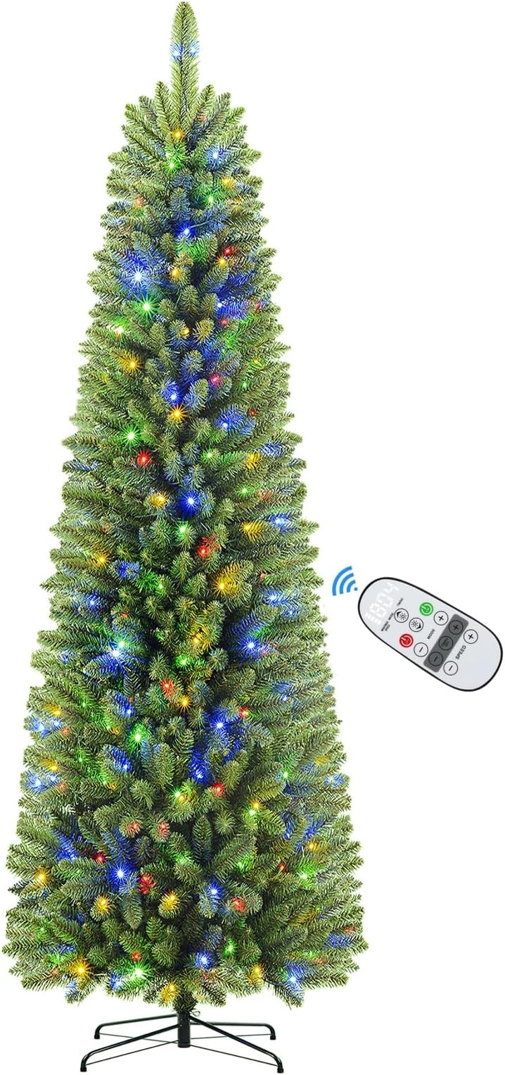 6ft Premium Prelit Artificial Slim Pencil Spruce Christmas Tree with Remote Control, 240 Warm White & Multi-Color Lights, Full Branch Tips, First Choice Decorations for Xmas, 6 FT, Green