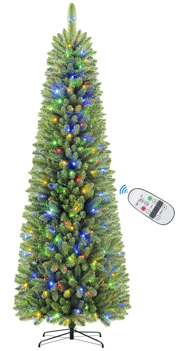 SHareconn 7.5ft Premium Prelit Artificial Hinged Slim Pencil Christmas Tree with Remote Control, 310 Warm White & Multi-Color Lights, Full Branch Tips, First Choice Decorations for Xmas, 7.5 FT, Green by SHareconn - Used condition - CA$45.41