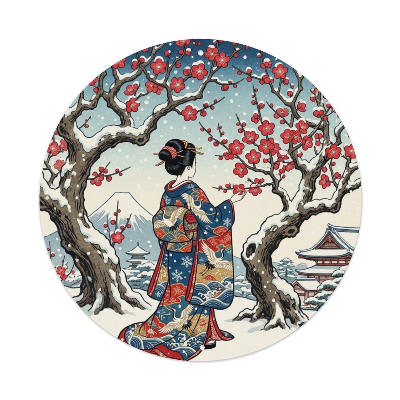 Cwbufd Vintage Style Japanese Winter Plum Snow Geisha Viewing Vintage Metal Tin Sign Plaque Wall Decor For Cafe, Club Bar, Office, Garden Metal Poster 8X8inch