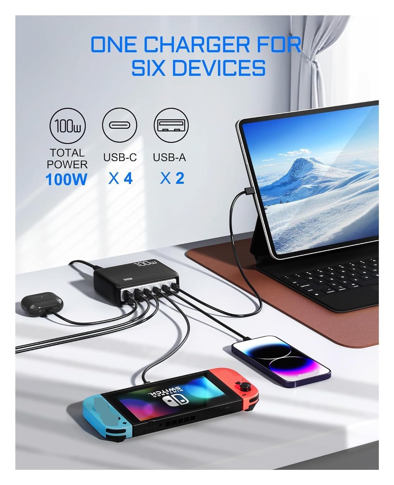 Stazione Di Ricarica USB C, Caricabatterie Da 100 W Hub Tipo A 6 Porte For Più Dispositivi Con Rapida PD3.0 E QC3 Capacità Di Ricarica Rapida(WHITE)