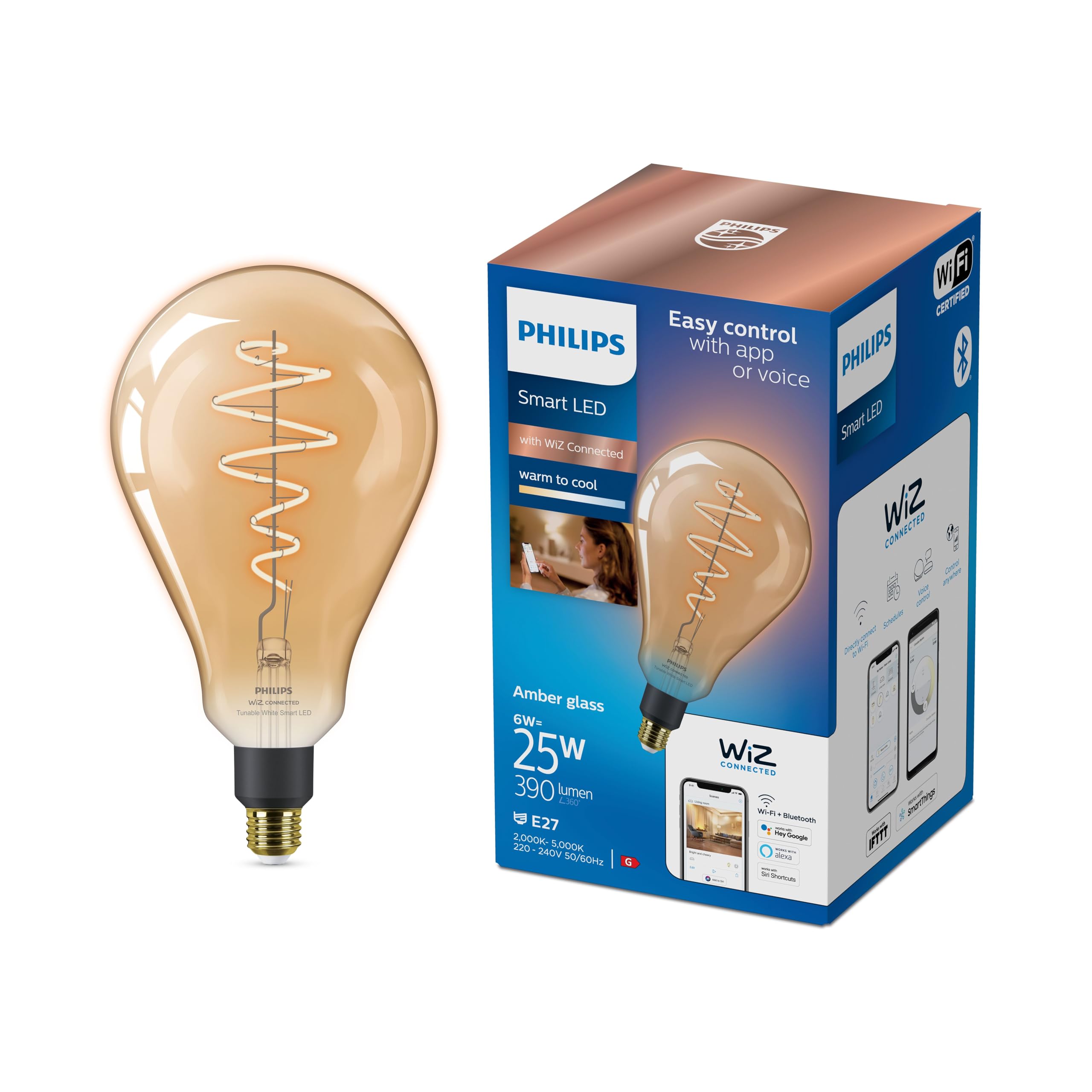 Philips WiZ Smart Vintage Edison Giant Tear Drop E27 LED Light Bulb, 6W, 390 Lumens, Dimmable