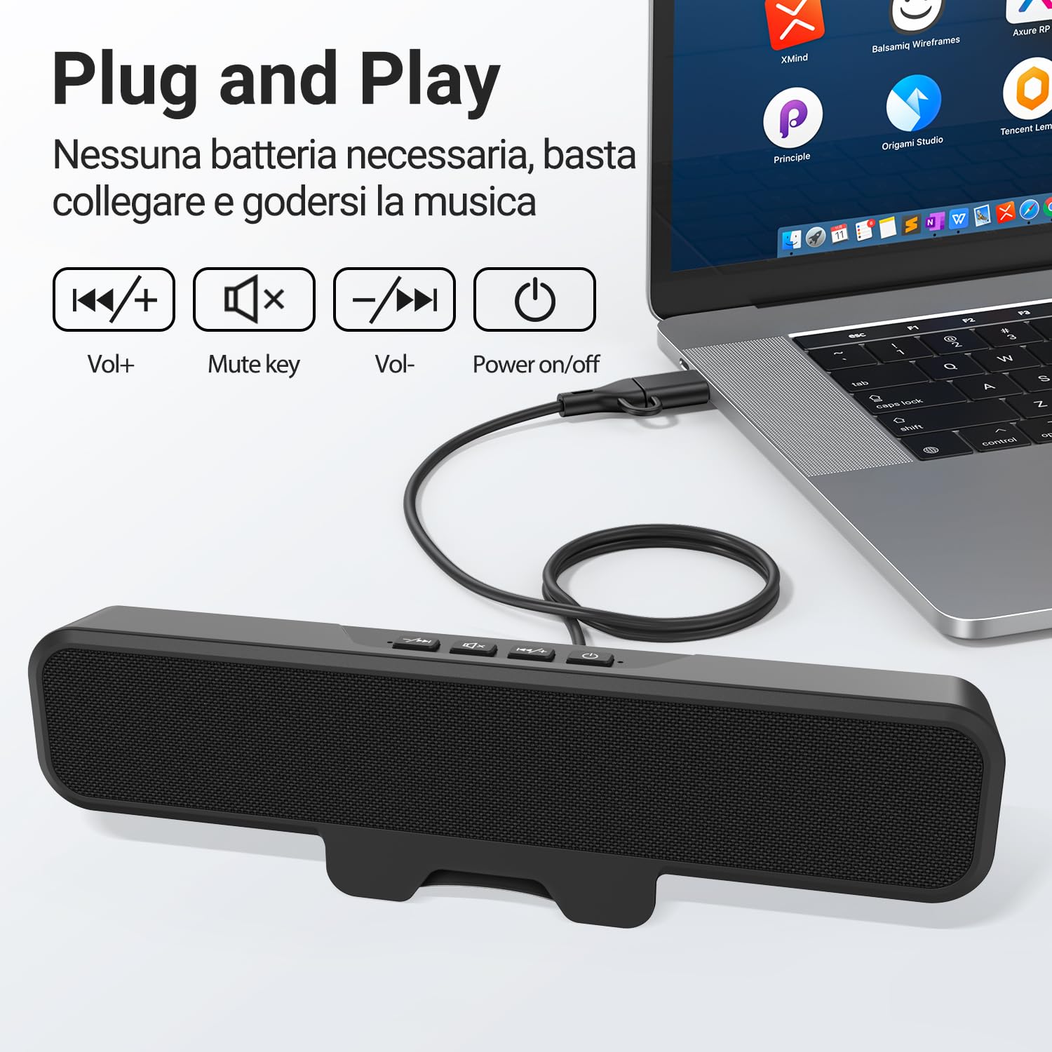 Inwa Cassa PC 10W, Altoparlante USB con clip, Audio stereo HD, Clip per monitor 0.1-1.1’, USB A/C per PC, Laptop, Desktop, Plug and Play (Nero, Tessuto acustico)