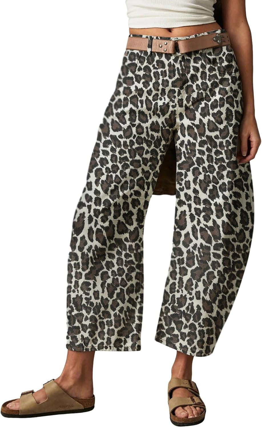 loveimgs Women Baggy Leopard Barrel Jeans Cheetah Print Mid Rise Wide Leg Denim Pants Harem Boyfriend Cargo Jeans Y2k