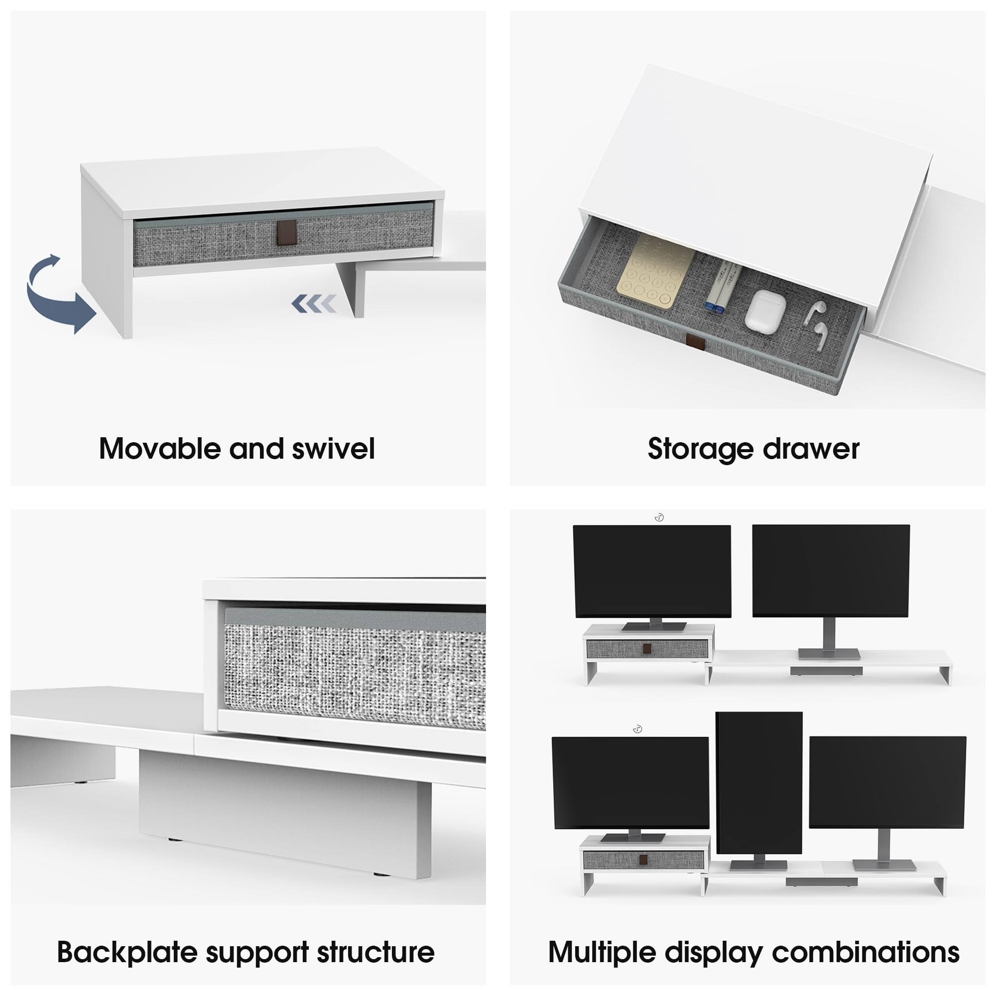 Fenge Dual Monitorständer,Länge und Winkel Einstellbar,108cm,Weiß | Monitorständer mit Schubladen,bildschirmerhöhung 2 monitore,für Computer TV Laptop,(78.3-113)x23.5x15.8cm,Tragfähigkeit 30kg