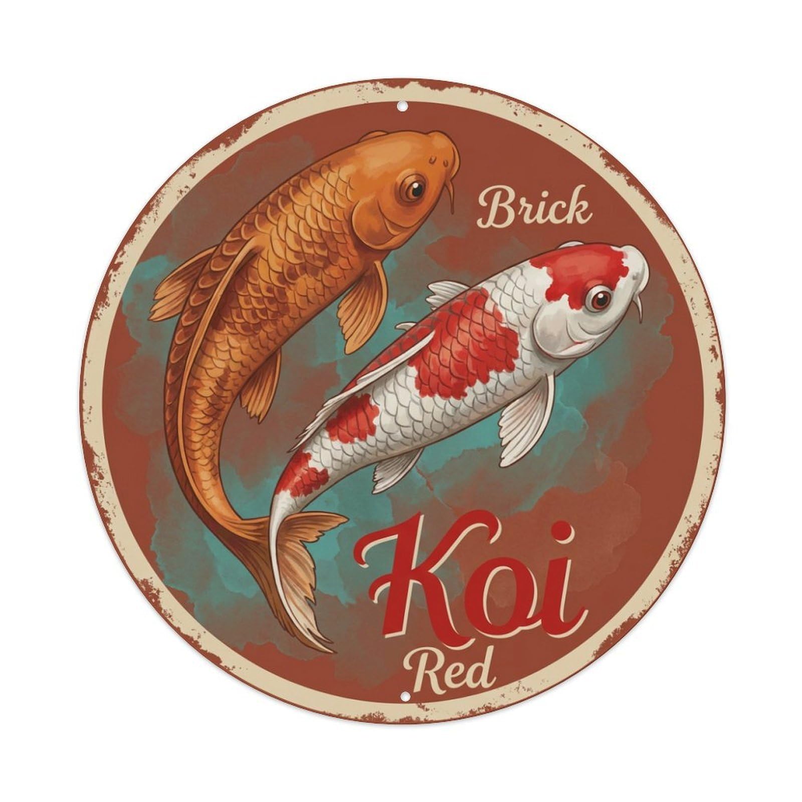 Koi Fish Brick Red Waters Rustic Earthy Warm Solid Metal Tin Sign