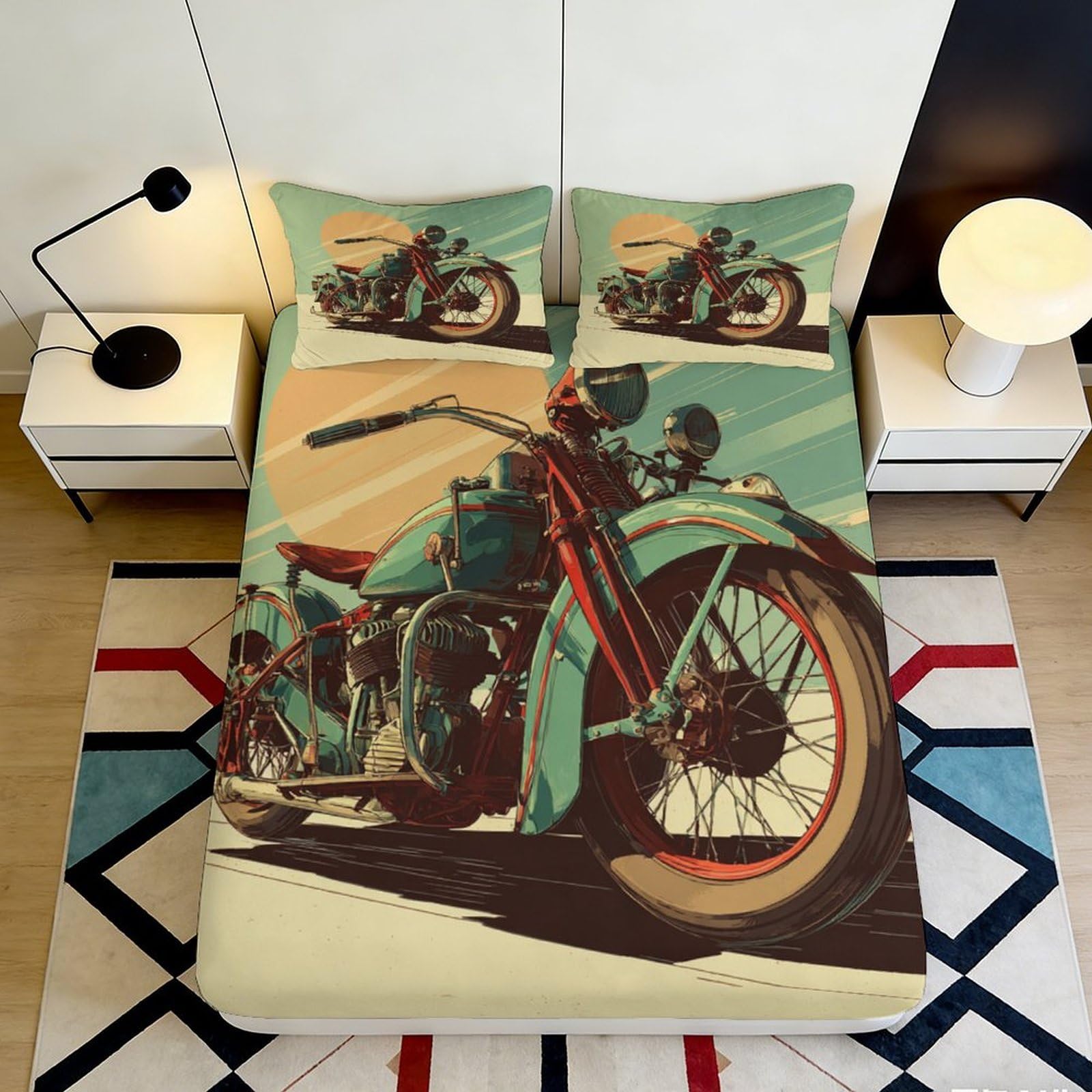 Dhbaneiok Style-7 3D Printed Vintage Motorcycle Fitted Sheet Microfiber Soft Retro Bike Bed Cover For Bedroom Dorm Decor Easy Care 90X200x25cm