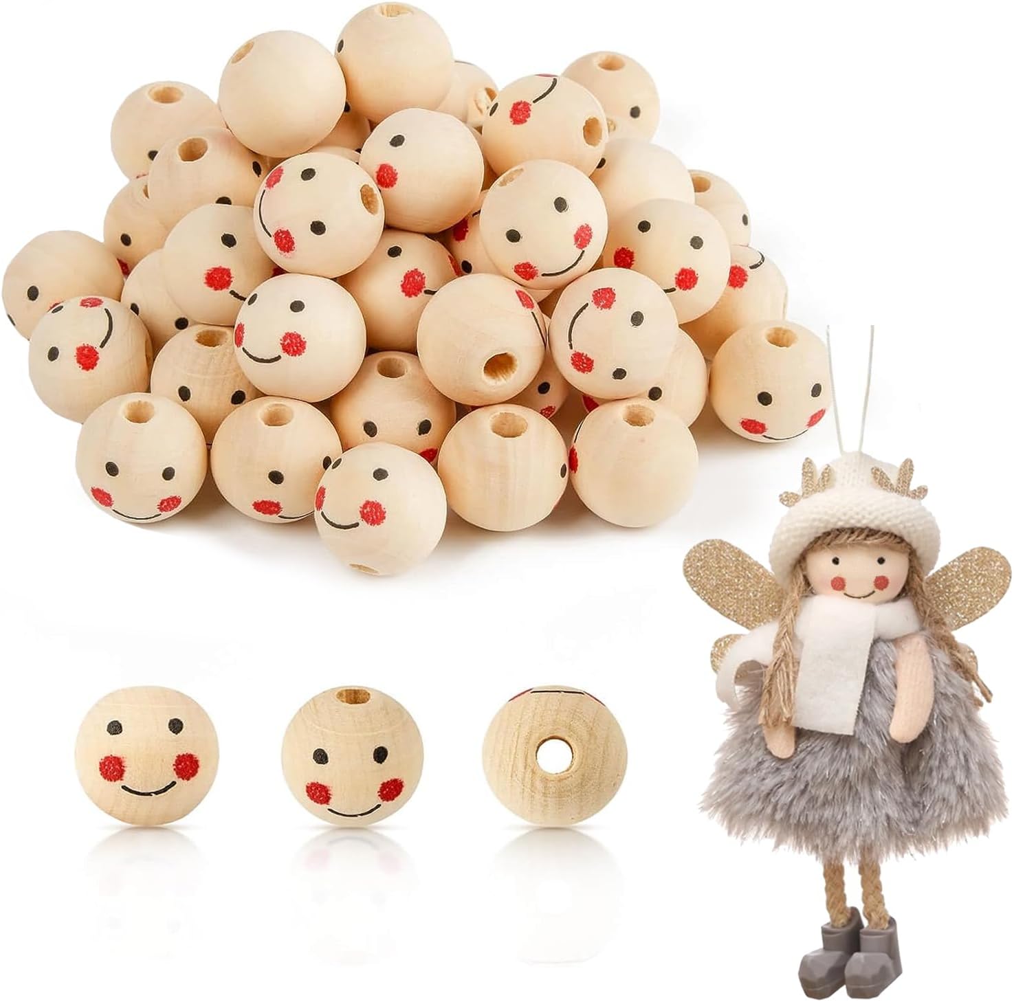 80 Stück Holzkugeln Mit Gesicht 20mm - DIY Perlen Für Schmuck, Armbänder & Halsketten
