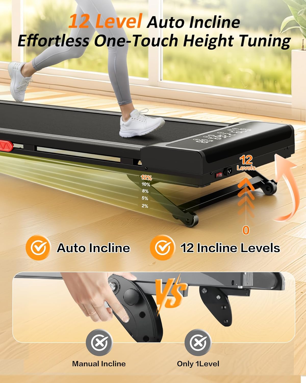 Treadmill with Auto Incline,12-Level Incline Walking Pad Treadmill with Handle Bar,3.0HP Quiet Under Desk 350 lbs Weight Capacity 2 in 1 Foldable Treadmills Walking LED Display for Home Office Gym image 2
