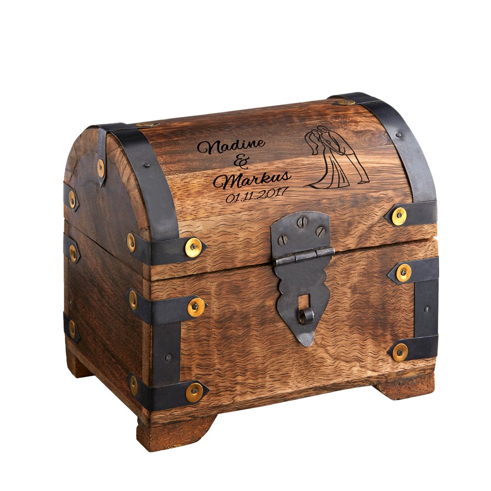 Casa Vivente Scrigno in Legno Scuro con Incisione per Le Nozze Personalizzabile con Nomi e Data, Sposi, Portagioie Decorativo, Idea Regali in Denaro